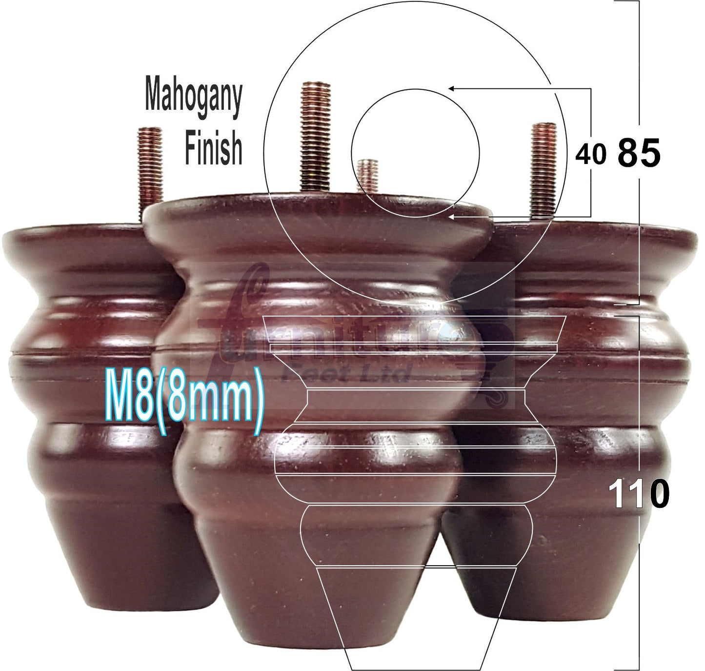 4x Turned Wood Furniture Legs Replacement Feet 110mm High Multiple Colours Chairs Stools Sofa's Beds Settee Cabinets M8