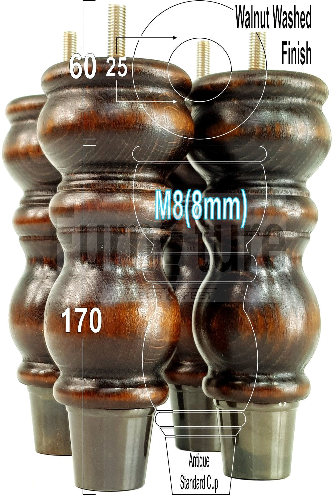 4x Furniture Feet With Slipper Cup 175mm High Legs Dark Walnut Finish Wood M8 Sofas Chairs Cabinets