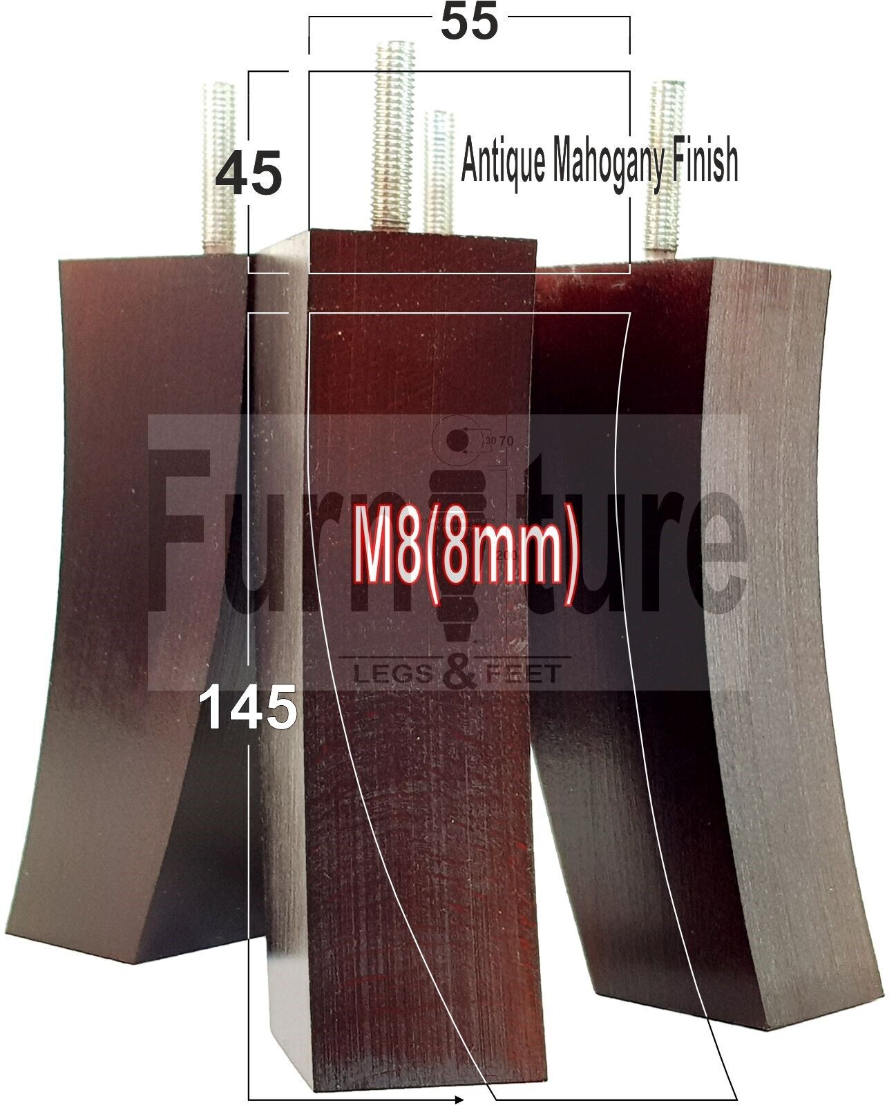 Set Of 4 Solid Wood Curved Furniture Feet Replacement Legs 145mm High M8(8mm)