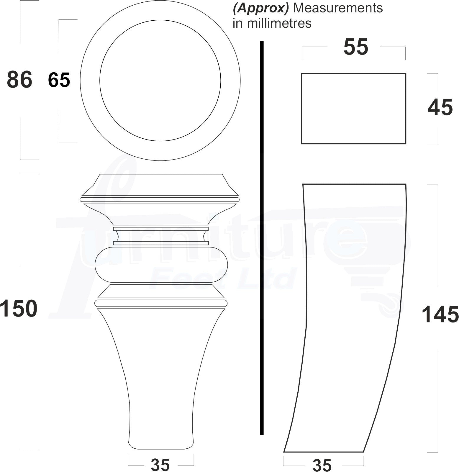 2x Turned & 2x Curved Back Wooden Feet Replacement Furniture Legs 150mm M8(8mm)