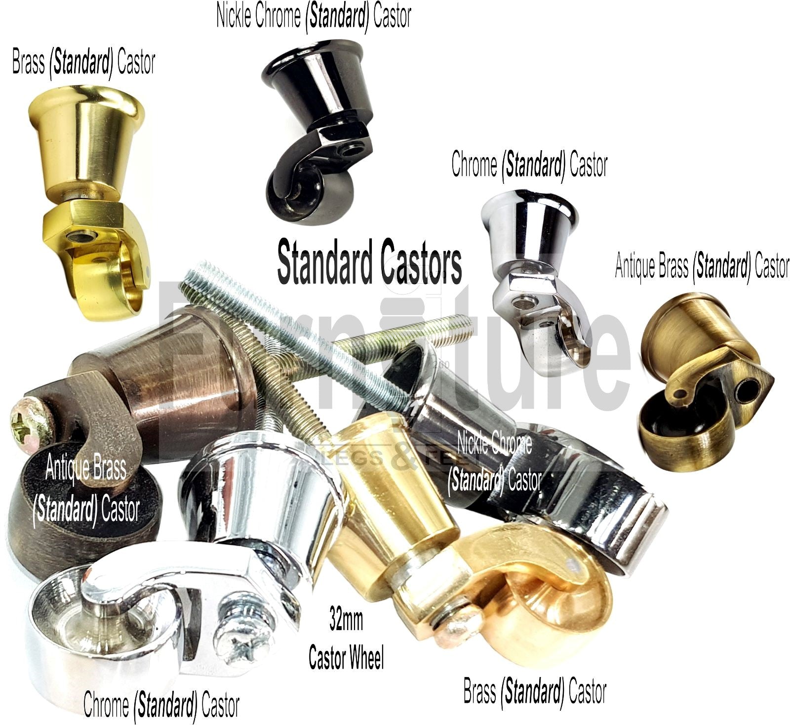 Set Of 4 Turned Wood Furniture Legs With Brushed Chrome Castor 140mm High M8(8mm) For Chairs Settees & Cabinets