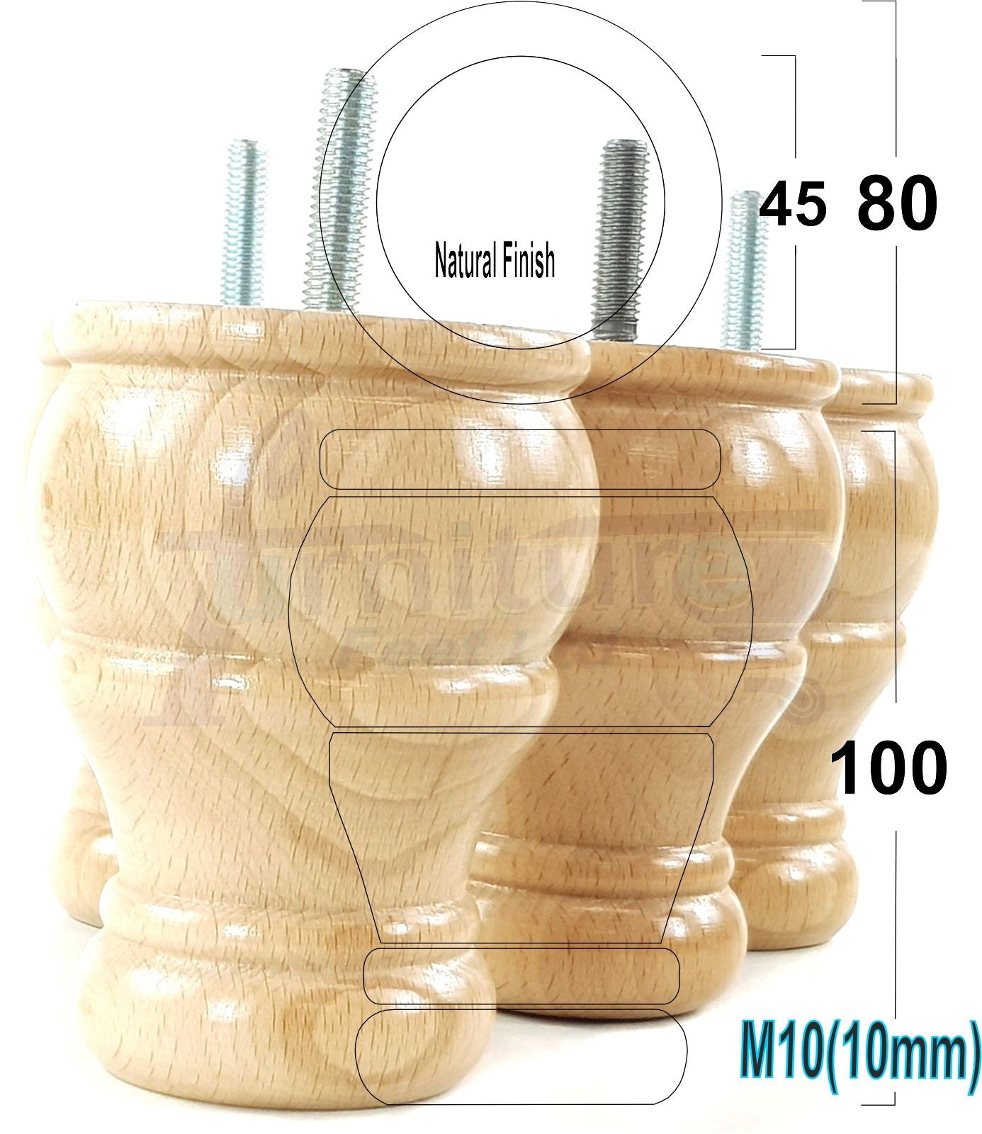4 Turned Wood Furniture Legs Replacement Sofa Settee Chair Bed Feet 100mm High M10 Thread