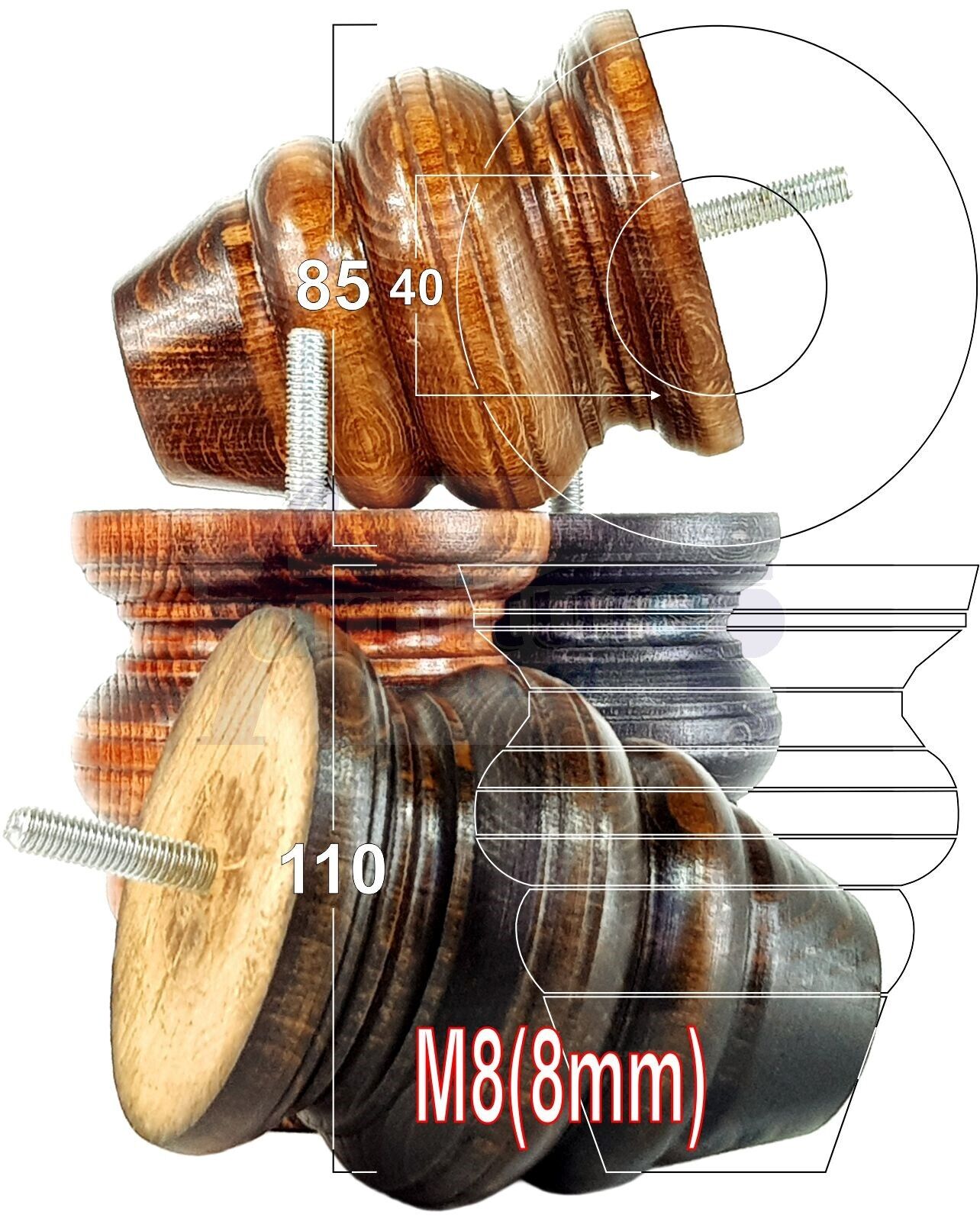 4x Turned Wood Furniture Legs Replacement Feet 110mm High Multiple Colours Chairs Stools Sofa's Beds Settee Cabinets M8