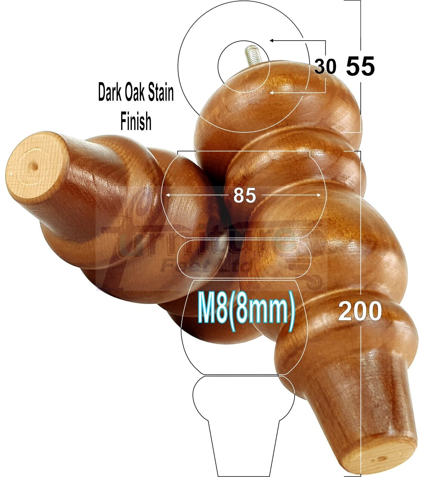 Solid Wood Furniture Feet Replacement Turned Legs 200mm High Chairs Stools Sofa's Beds Settee Cabinets M8 Various Colours Set of 4