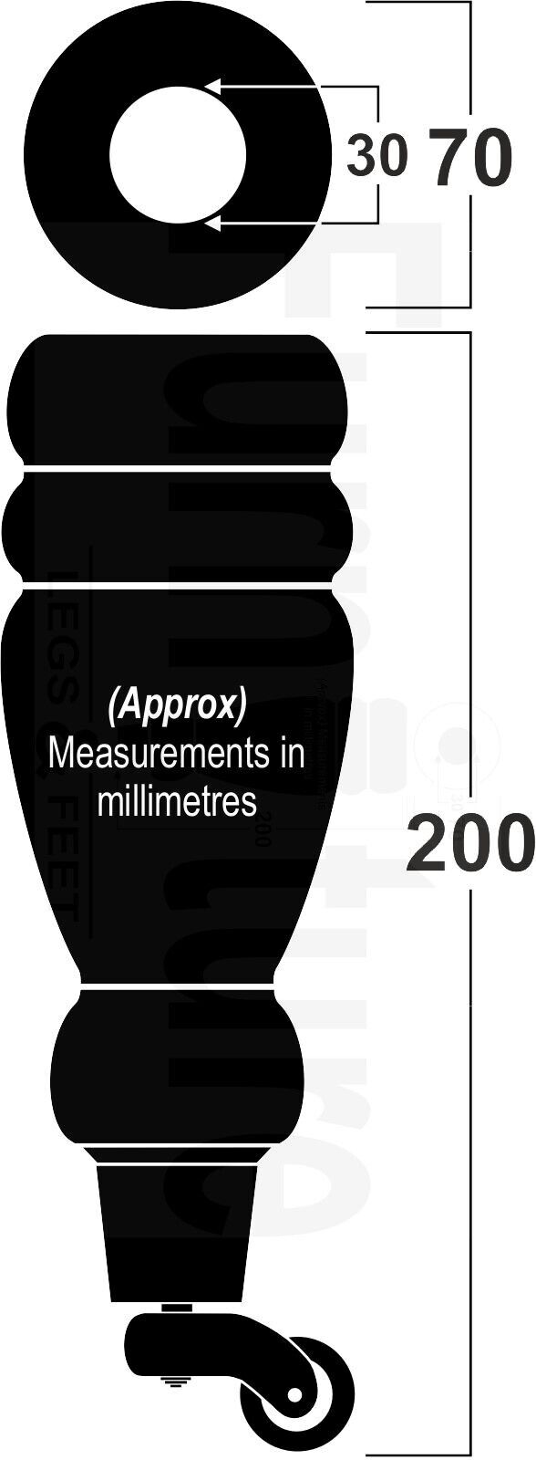 Set Of 4 Wooden Turned Replacement Furniture Legs 200mm High With Brass Castor Wheels 8mm Thread