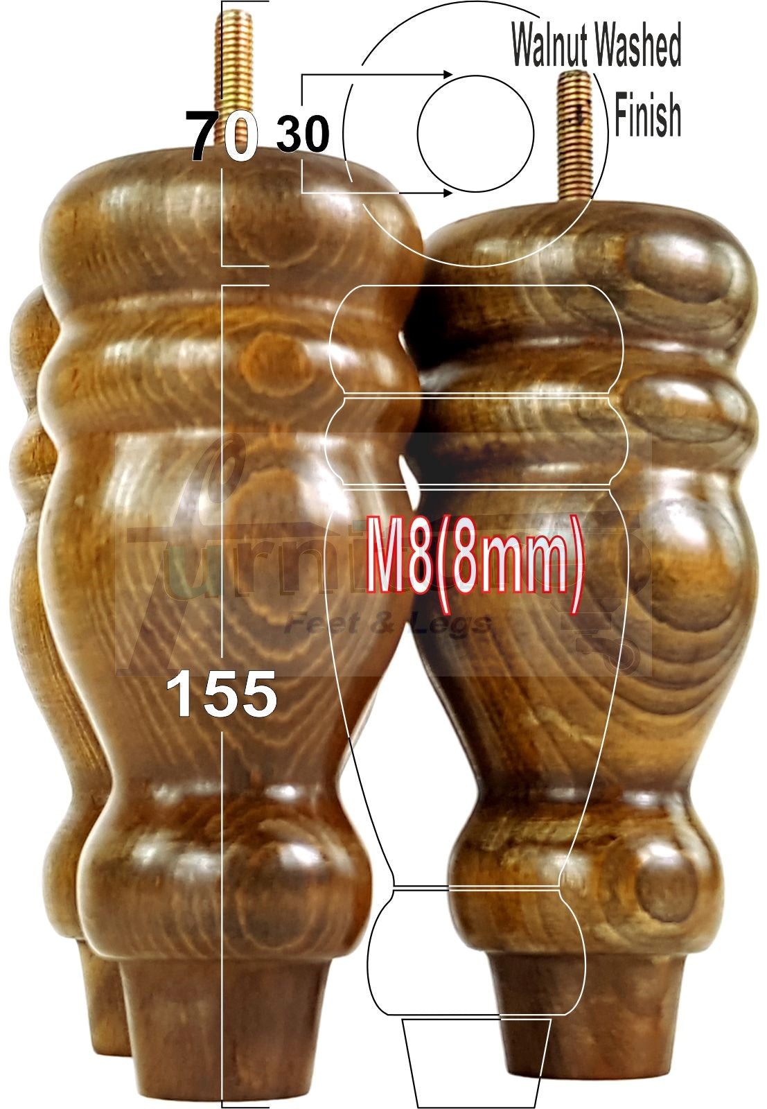Set Of 4 Turned Wood Furniture Replacement Feet 155mm High 8mm Tread