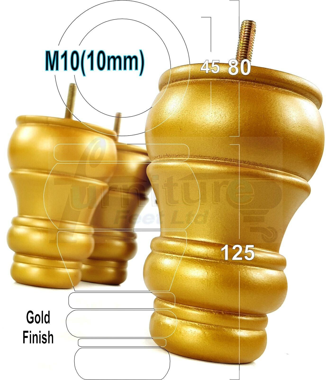 4 Turned Wood Furniture Legs M10 Thread Replacement Feet 125mm High Sofa Chairs Beds