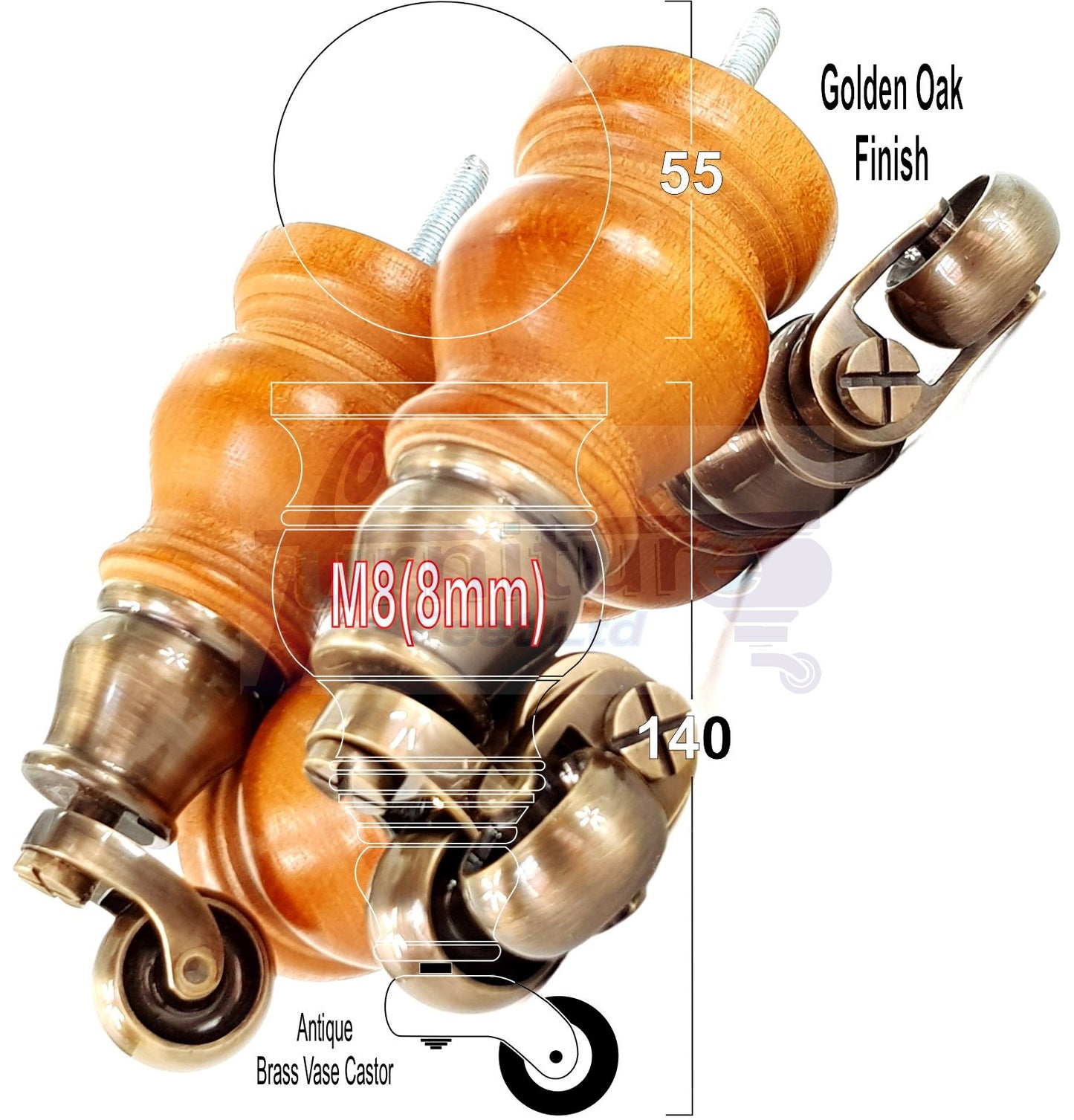 Set Of 4 Turned Wood Furniture Legs With Antique Castor 140mm High M8(8mm) For Chairs Settees & Cabinets