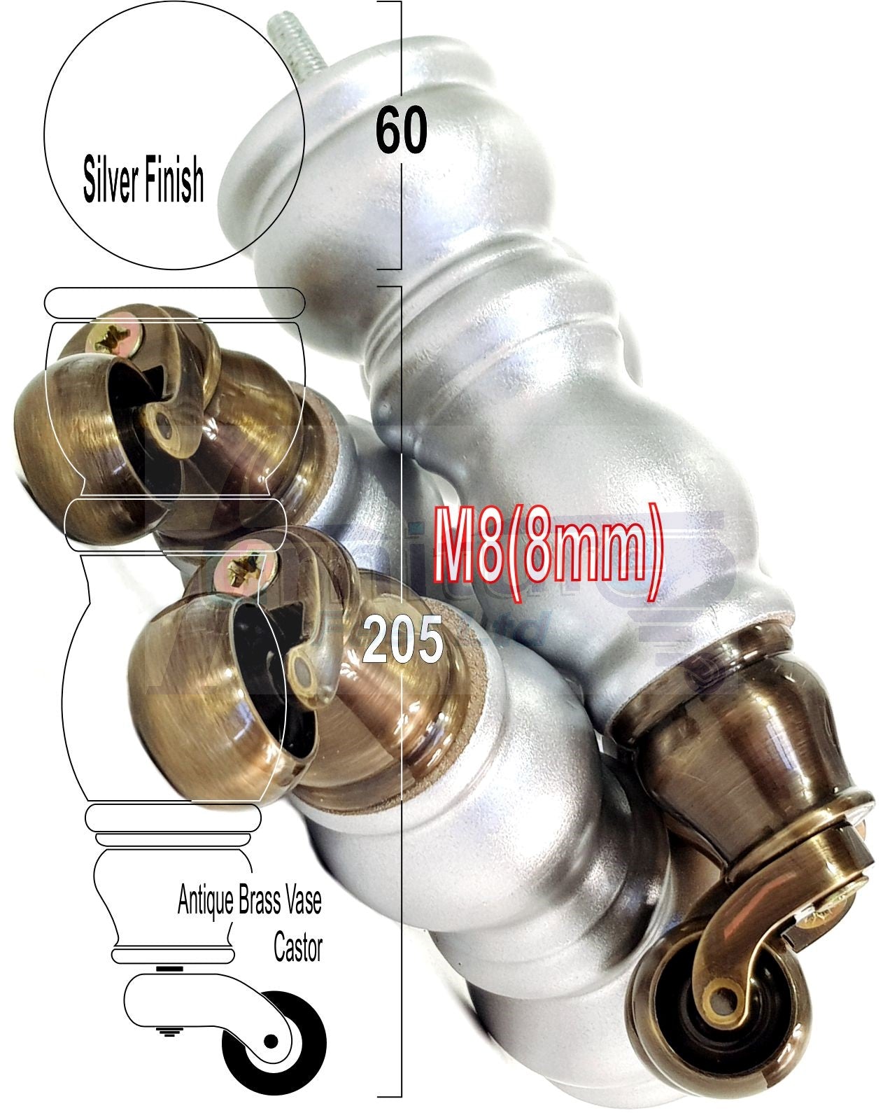 4x Furniture Feet With Castor 205mm High Legs Silver Wood M8 Sofas Chairs Stools Cabinets 8 Inches Tall
