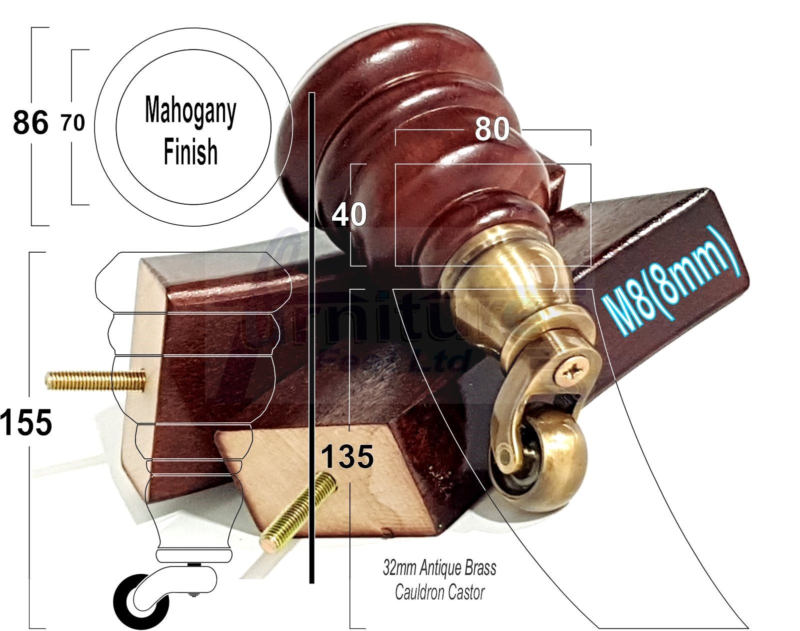 Mahogany Turned Wood Furniture Feet 2 With Castors 155mm and 2 Curved Back Legs Sofas Chairs Stools Cabinets Beds M8 6 Inches