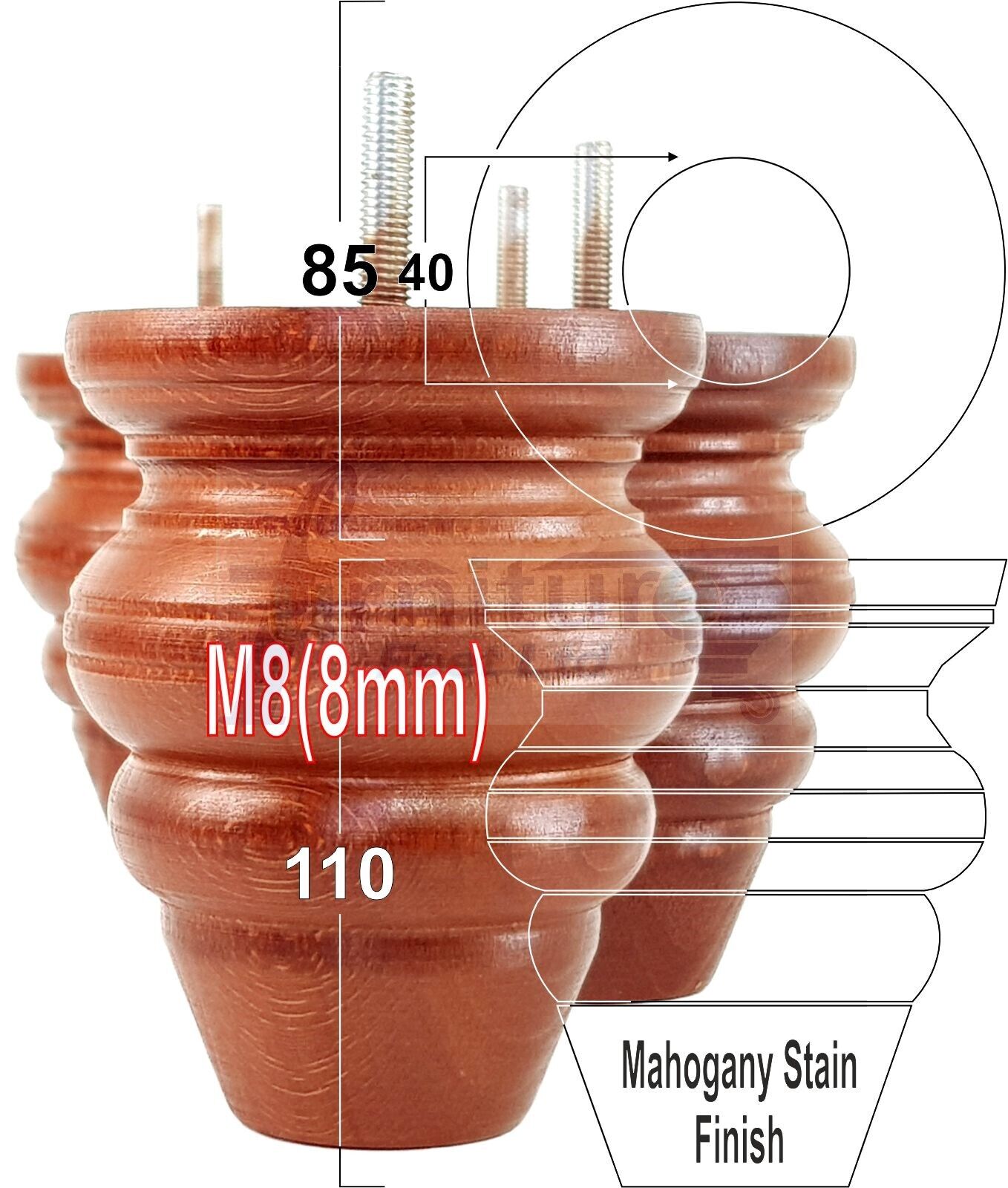 4x Turned Wood Furniture Legs Replacement Feet 110mm High Multiple Colours Chairs Stools Sofa's Beds Settee Cabinets M8