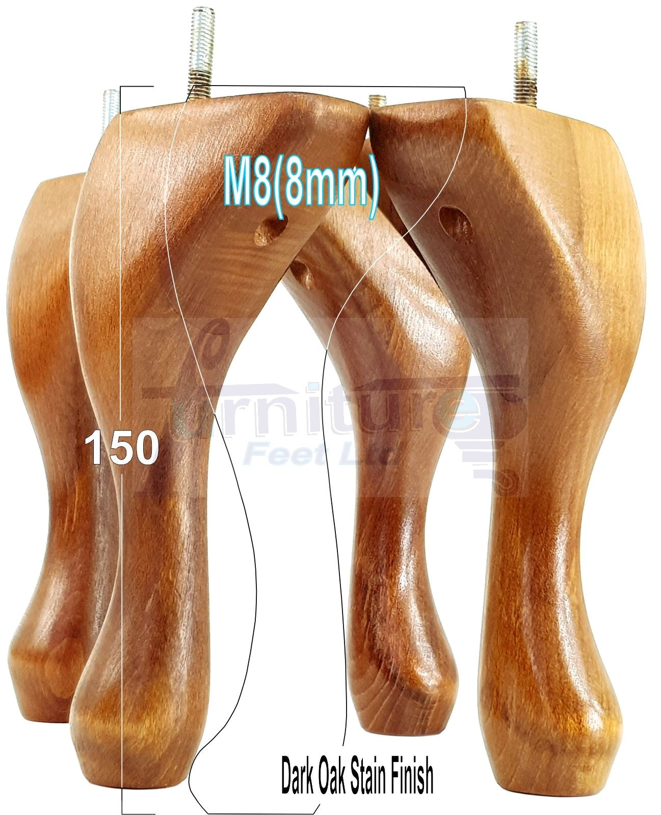 4 Solid Wood Furniture Feet 150mm High Queen Anne Replacement Legs M8 (8mm) 6 Inches Chair Stools Bed Sofa Georgian Style