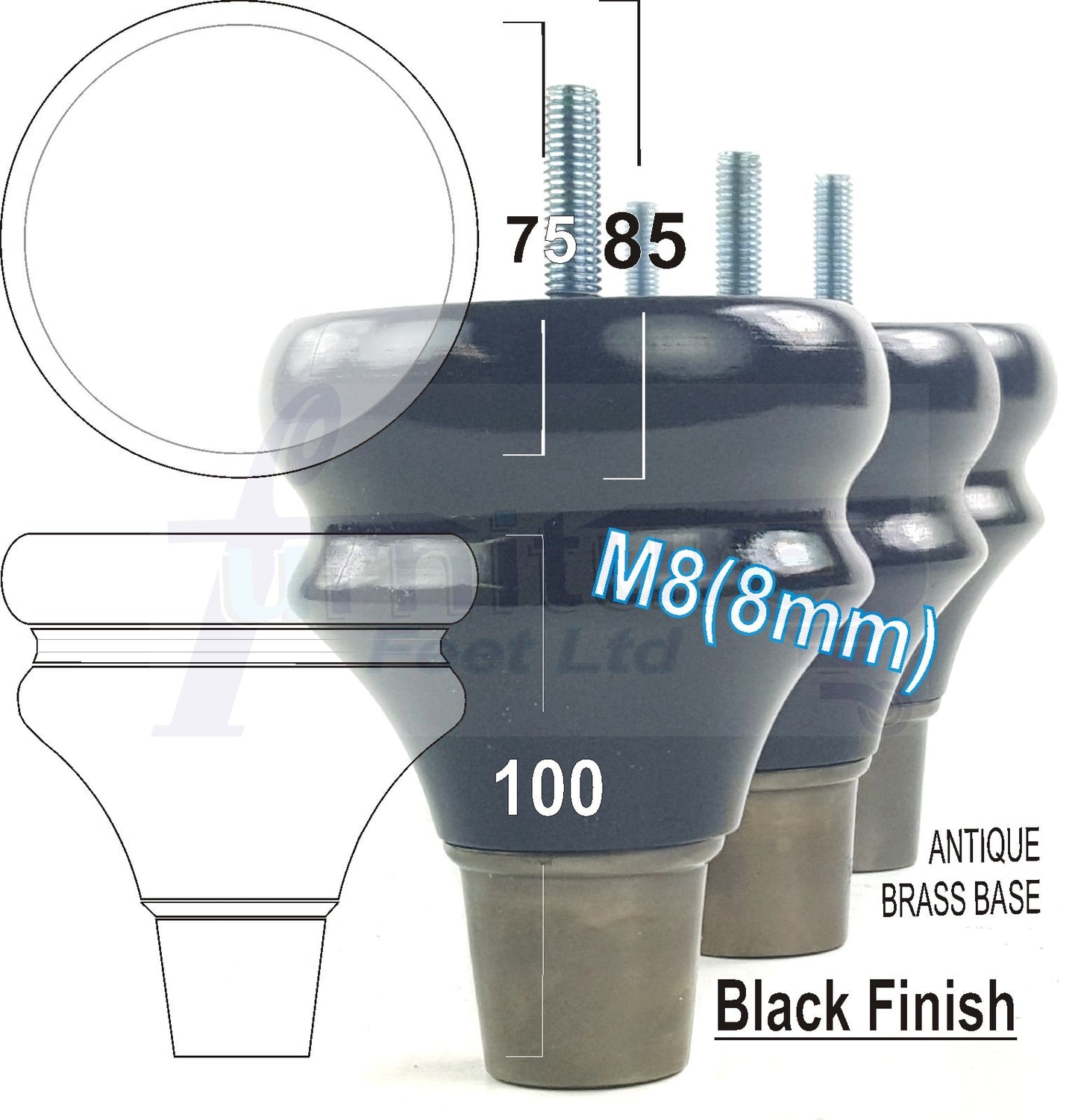 4x Turned Wood Furniture Feet M8(8mm) With Slipper Cup Chair Sofa Settee Legs 110mm