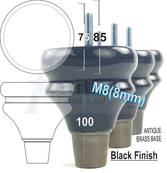 4x Turned Wood Furniture Feet M8(8mm) With Slipper Cup Chair Sofa Settee Legs 110mm