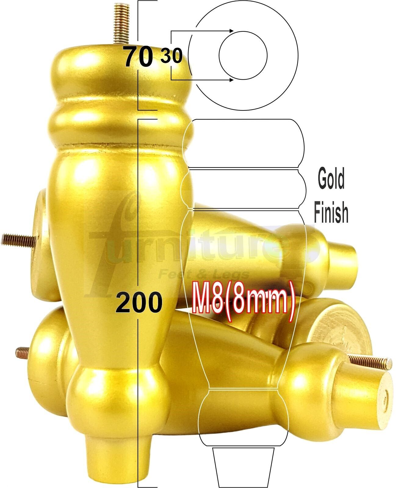 Set Of 4 Turned Furniture Legs Replacement Sofa Feet 200mm High M8 Thread