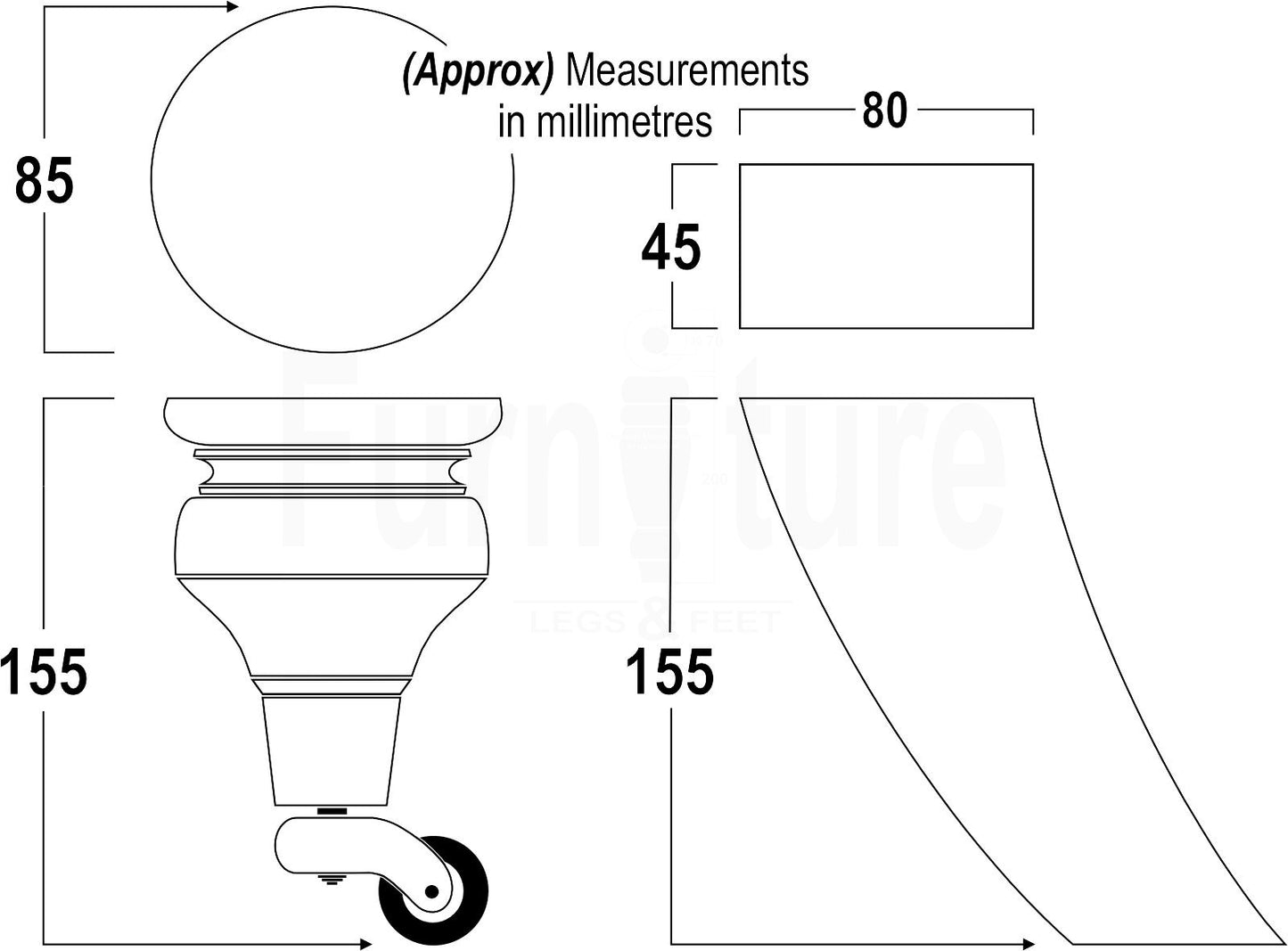 Solid Wood Replacement Furniture Legs 6 Inches with 2x Castors and 2x Back Feet 155mm High M8 Dowl Fixing - Raw Wood
