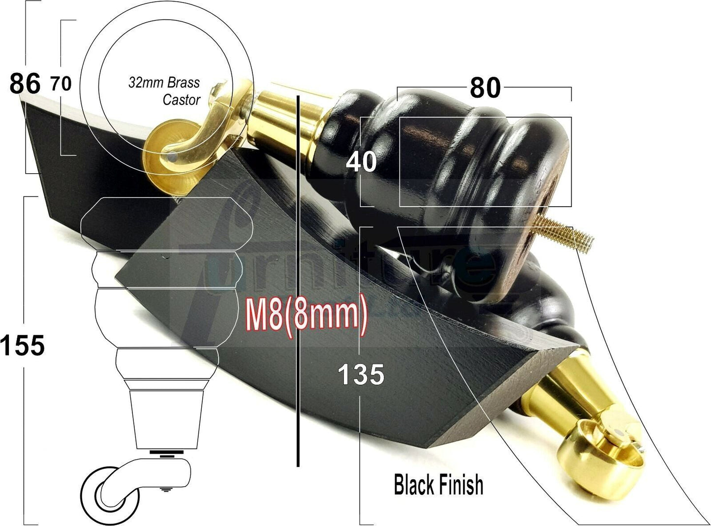 Black Turned Wood Furniture Feet 2 With Castors 155mm and 2 Curved Back Legs Sofas Chairs Stools Cabinets Beds M8 6 Inches