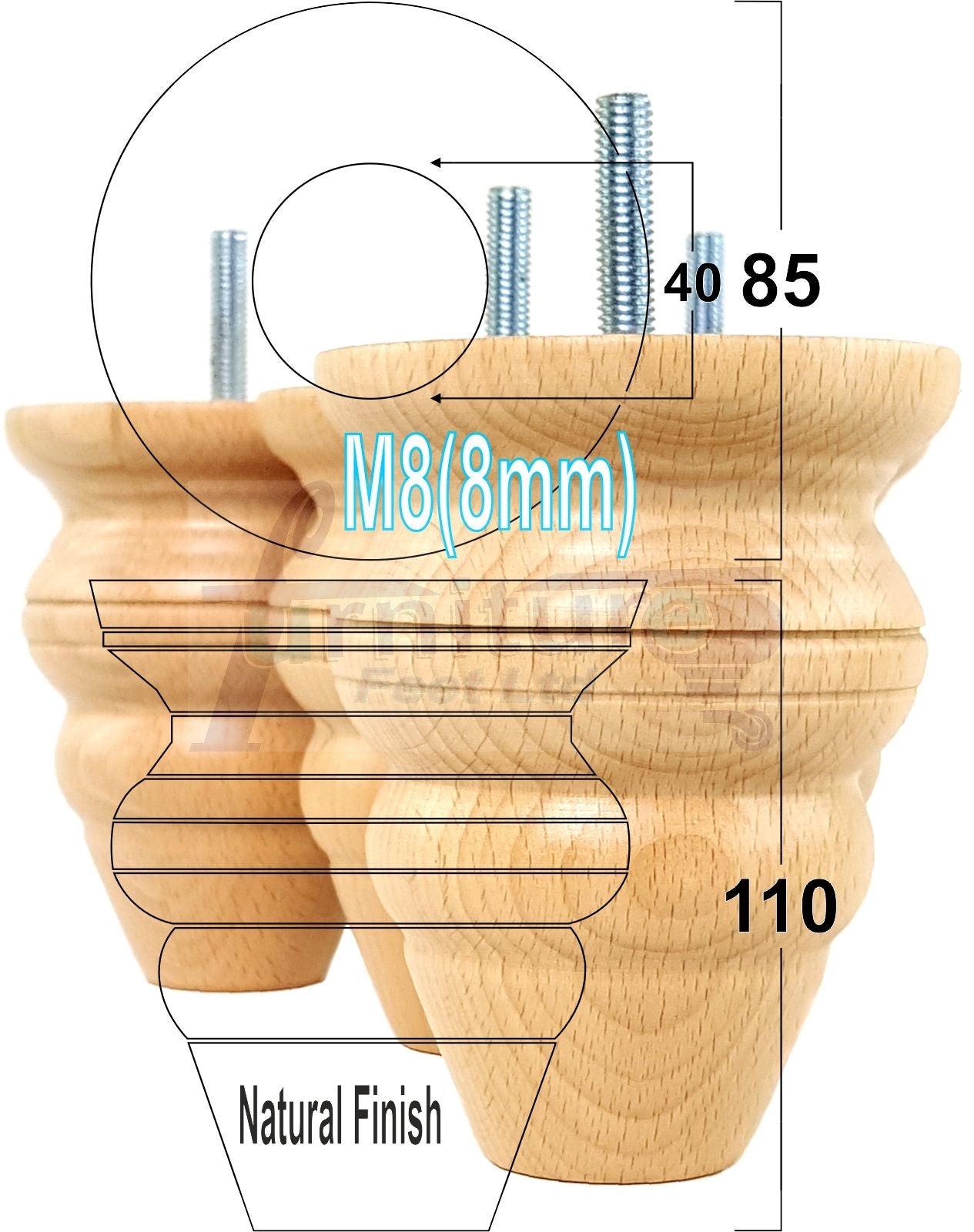 4x Turned Wood Furniture Legs Replacement Feet 110mm High Multiple Colours Chairs Stools Sofa's Beds Settee Cabinets M8