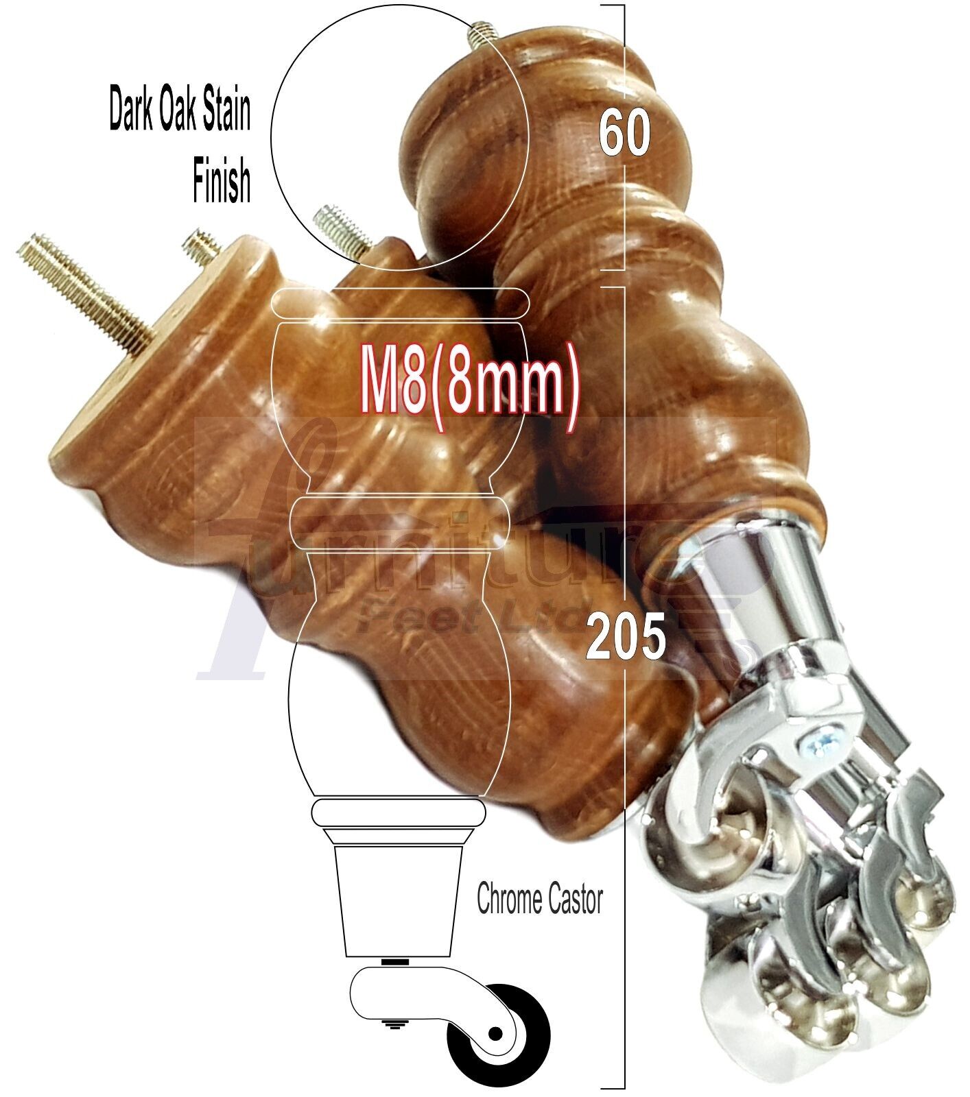4x Furniture Feet With Castor 205mm High Legs Dark Oak Wood M8 Sofas Chairs Stools Cabinets 8 Inches Tall
