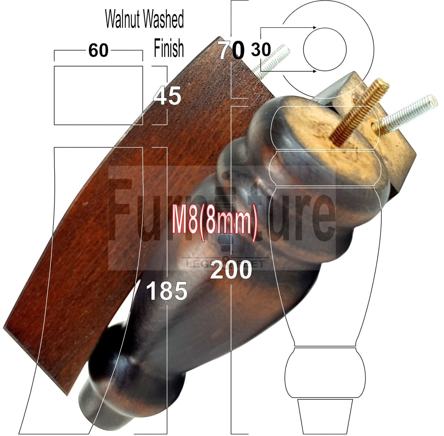 2 Traditional Turned Furniture Feet Replacement Sofa Legs 200mm & 2 Curved Back Legs 185mm for Chairs Stools Sofa Beds Settee Cabinets M8