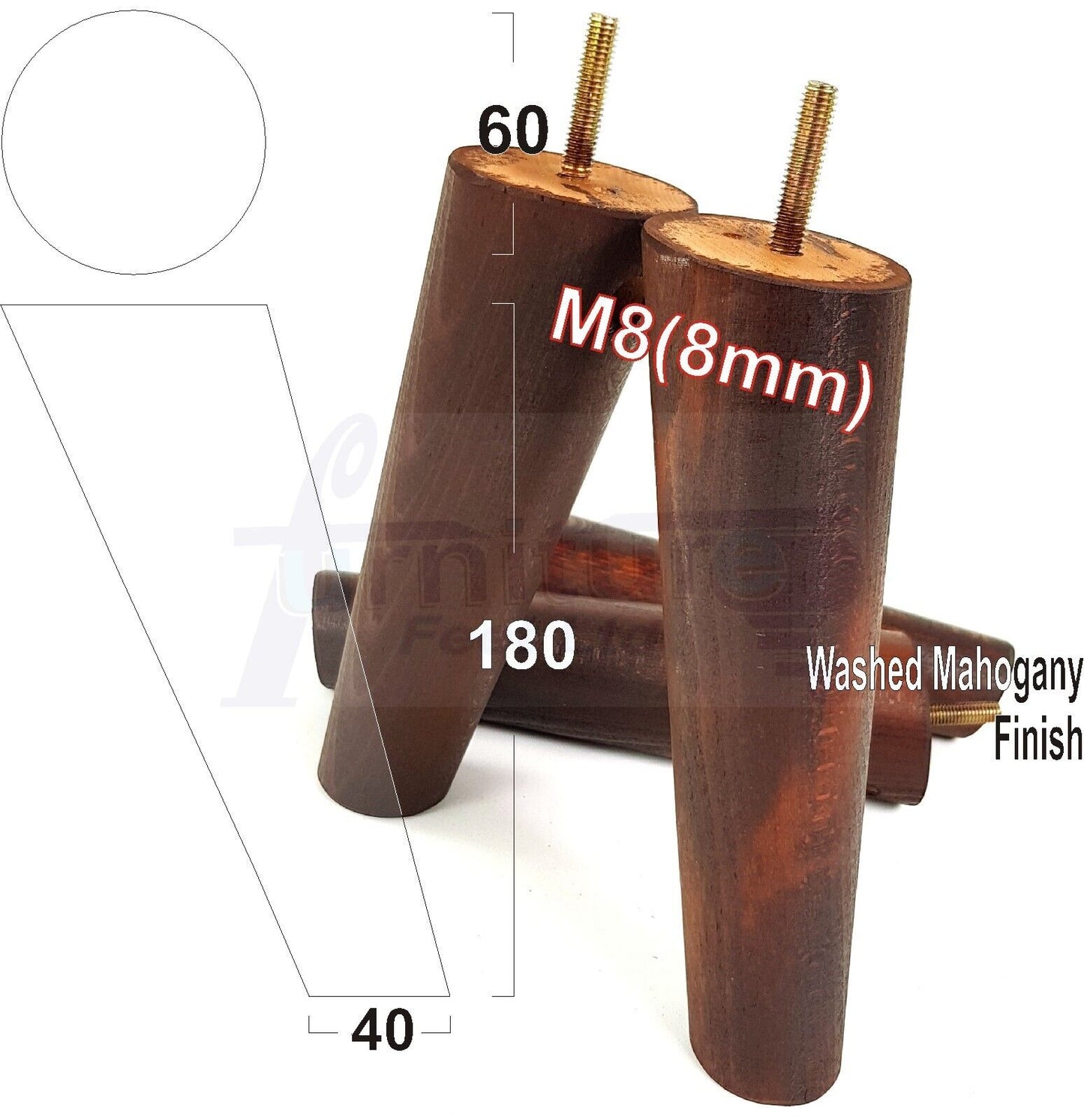 4 Solid Wood Turned Furniture Feet Replacement Mid Centry Angled Retro Legs 180mm High M8 Sofa Chairs Stools Cabinets Beds