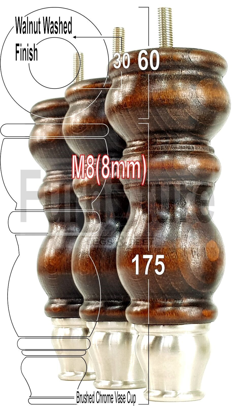 4x Furniture Feet With Slipper Cup 175mm High Legs Dark Walnut Finish Wood M8 Sofas Chairs Cabinets