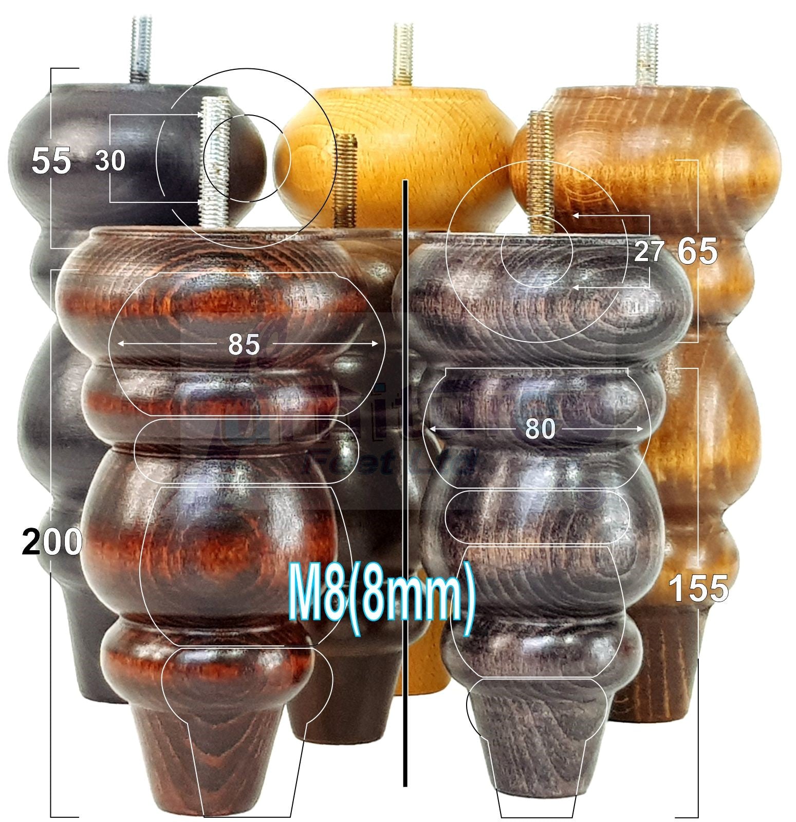 4 Solid Wood Furniture Legs Replacement Turned Feet 200mm High M8(8mm) Thread: Dark Oak