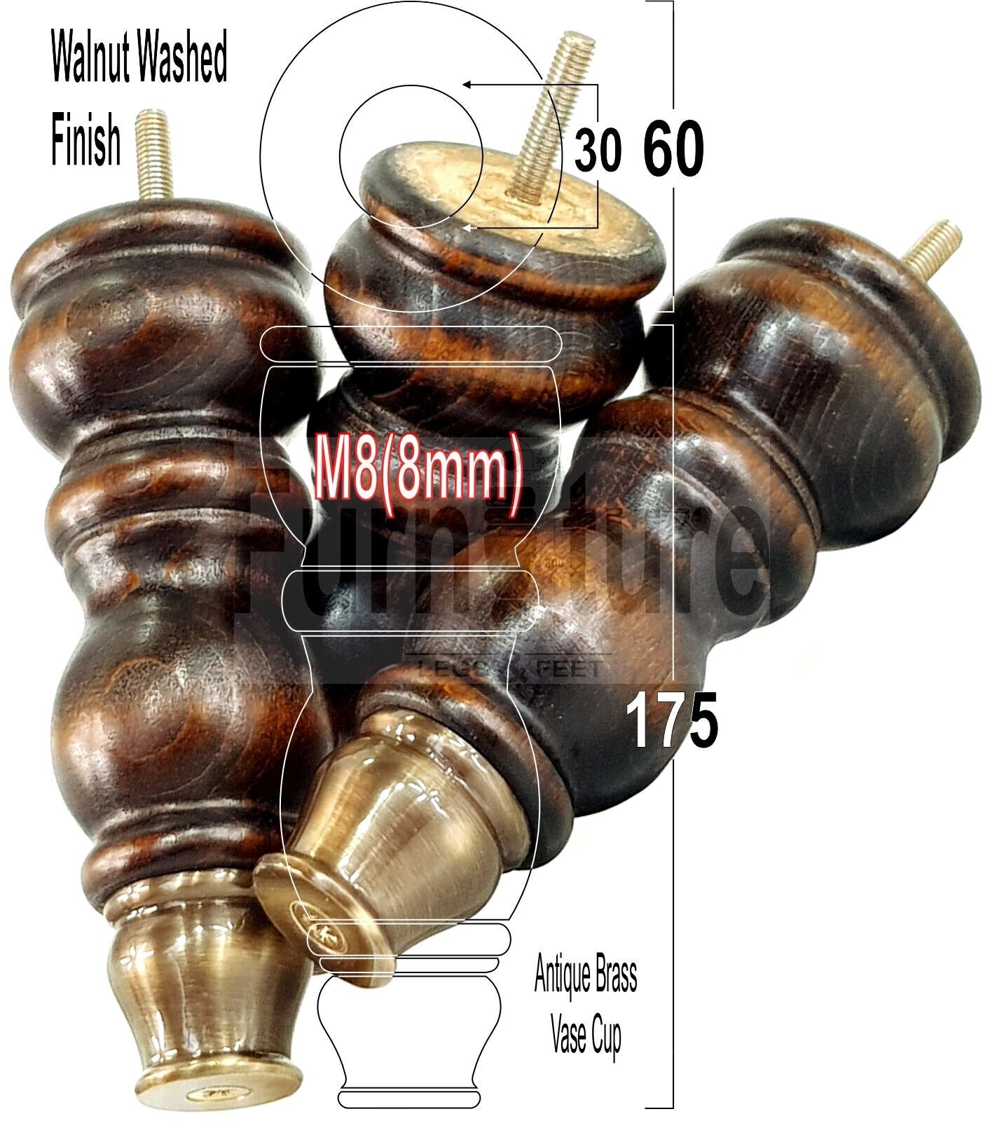 4x Furniture Feet With Slipper Cup 175mm High Legs Dark Walnut Finish Wood M8 Sofas Chairs Cabinets