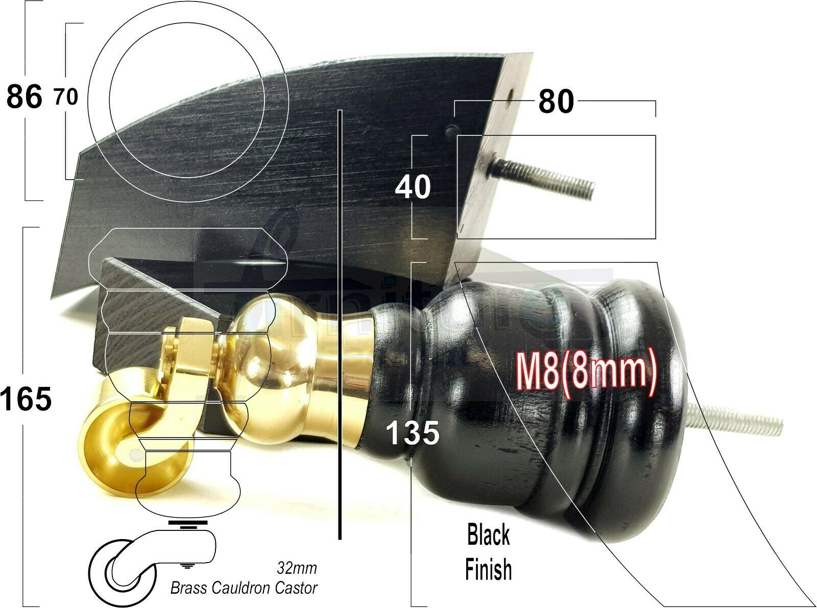 Black Turned Wood Furniture Feet 2 With Castors 155mm and 2 Curved Back Legs Sofas Chairs Stools Cabinets Beds M8 6 Inches