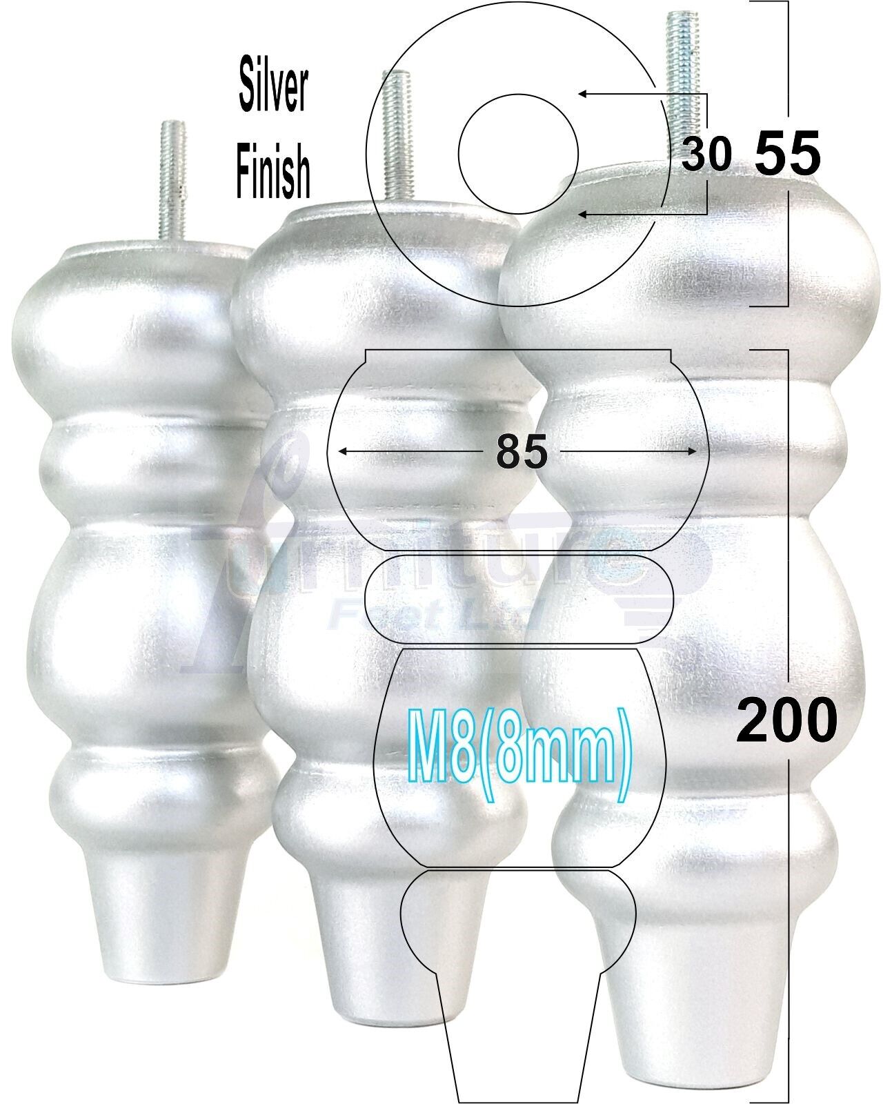 Solid Wood Furniture Feet Replacement Turned Legs 200mm High Chairs Stools Sofa's Beds Settee Cabinets M8 Various Colours Set of 4