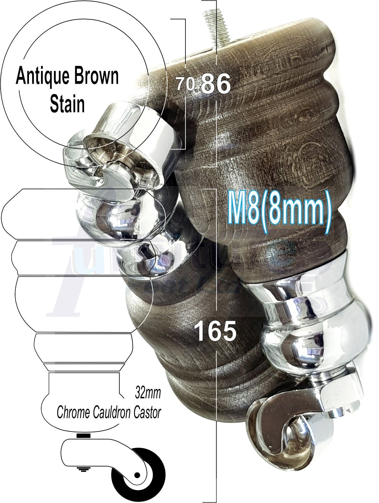 4 Turned Wood Furniture Feet With Chrome Cauldron Castors 155mm Legs Sofas Chairs Stools Cabinets Beds M8 6 Inches