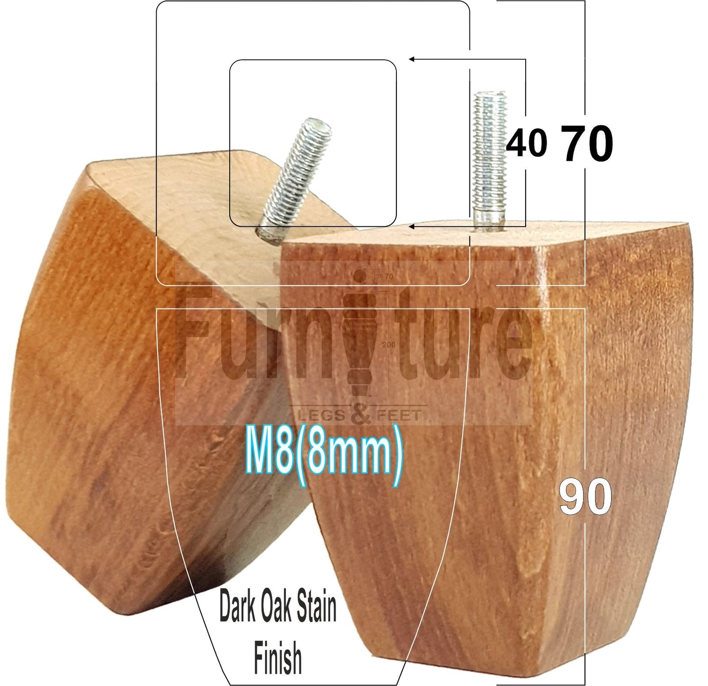 Set Of 4 Solid Wooden Block Furniture Feet Replacement Legs 90mm High M8(8mm)