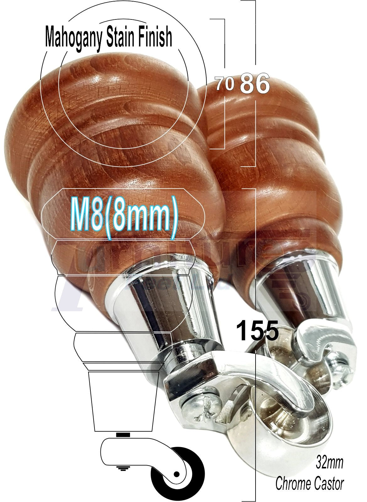 4 Turned Wood Furniture Feet With Chrome Castors 155mm Legs Sofas Chairs Stools Cabinets Beds M8 6 Inches