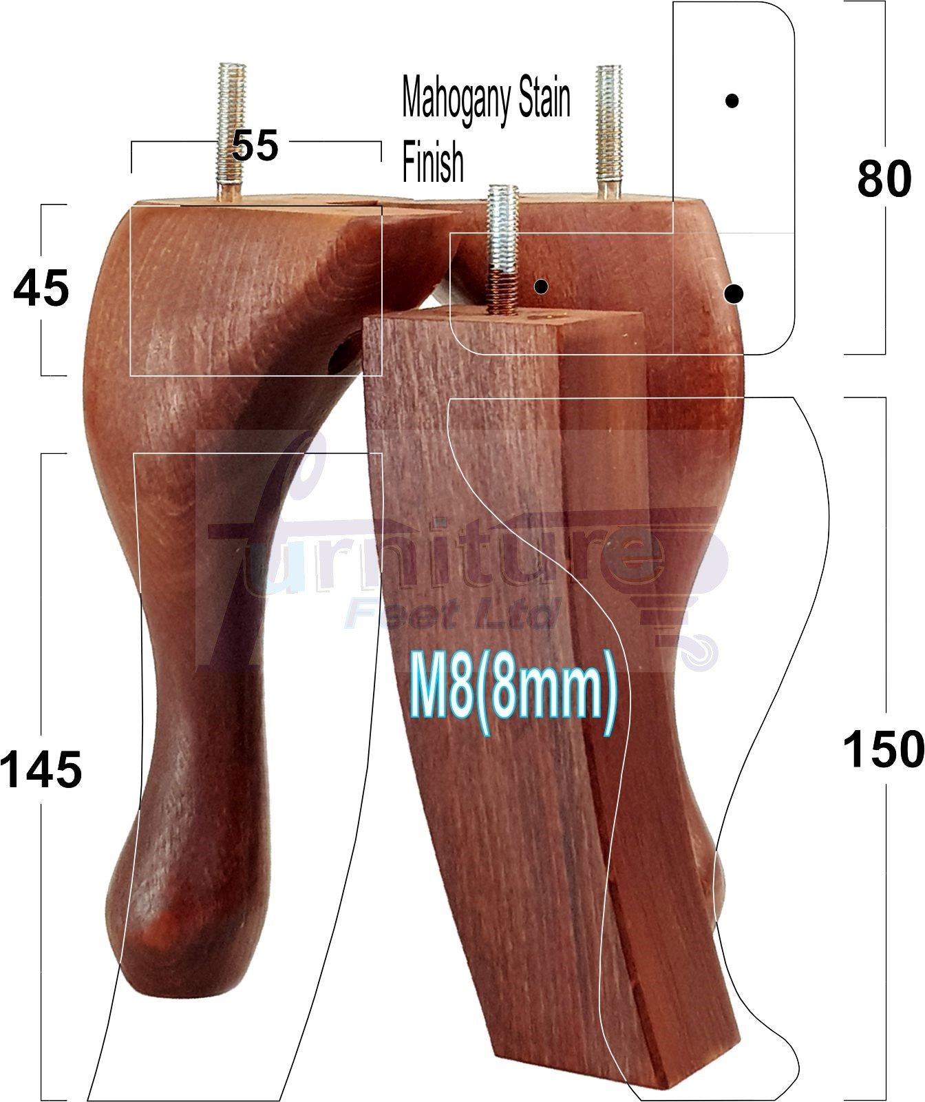 2x Vintage Queen Anne Replacement Furniture Legs & 2x Curved Back Feet 150mm 6 Inch High 8mm Thread