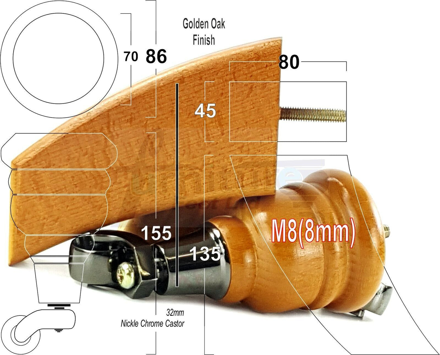  Golden Oak Turned Wood Furniture Feet 2 With Castors 155mm and 2 Curved Back Legs Sofas Chairs Stools Cabinets Beds M8 6 Inches