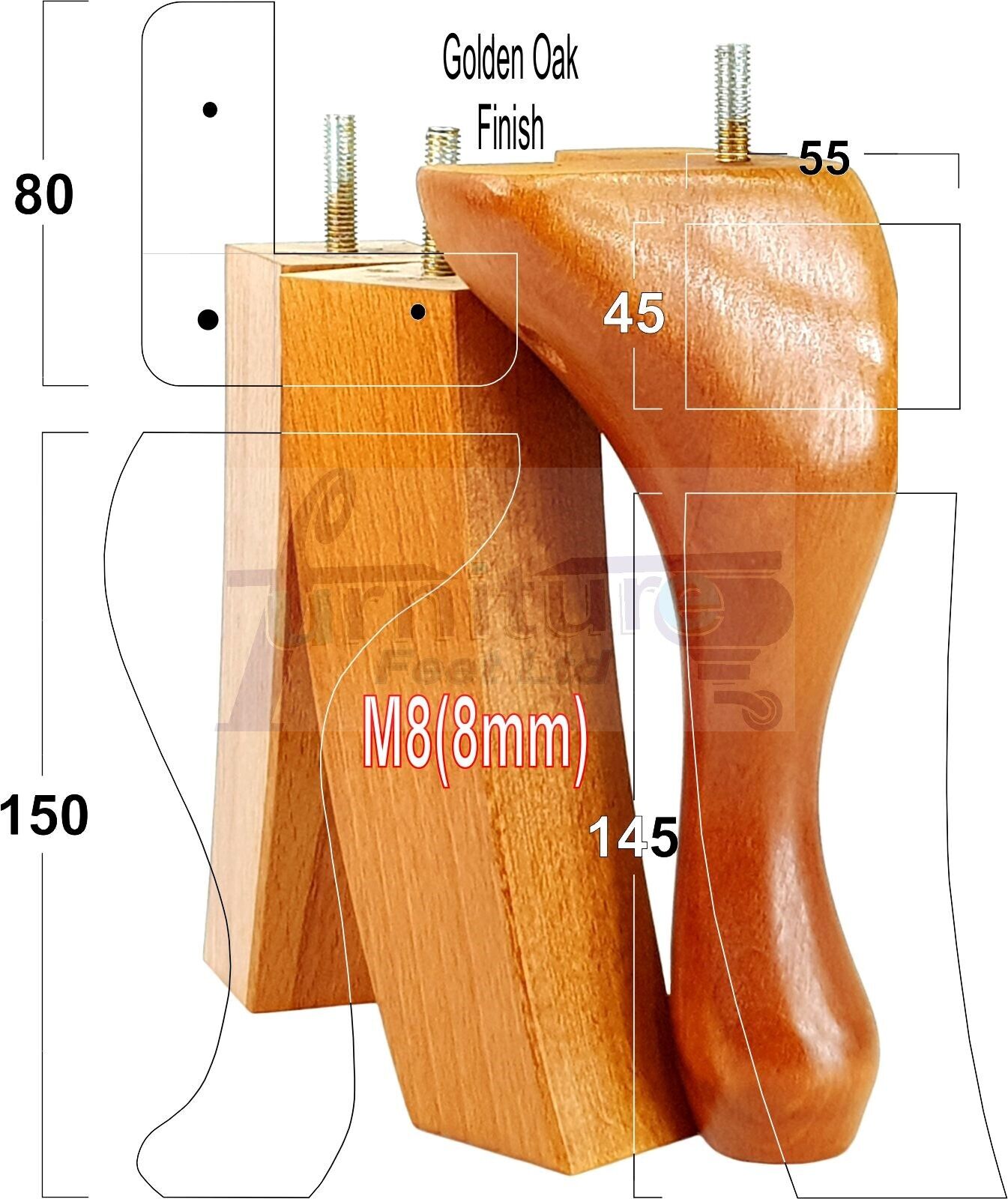 2x Vintage Queen Anne Replacement Furniture Legs & 2x Curved Back Feet 150mm 6 Inch High 8mm Thread