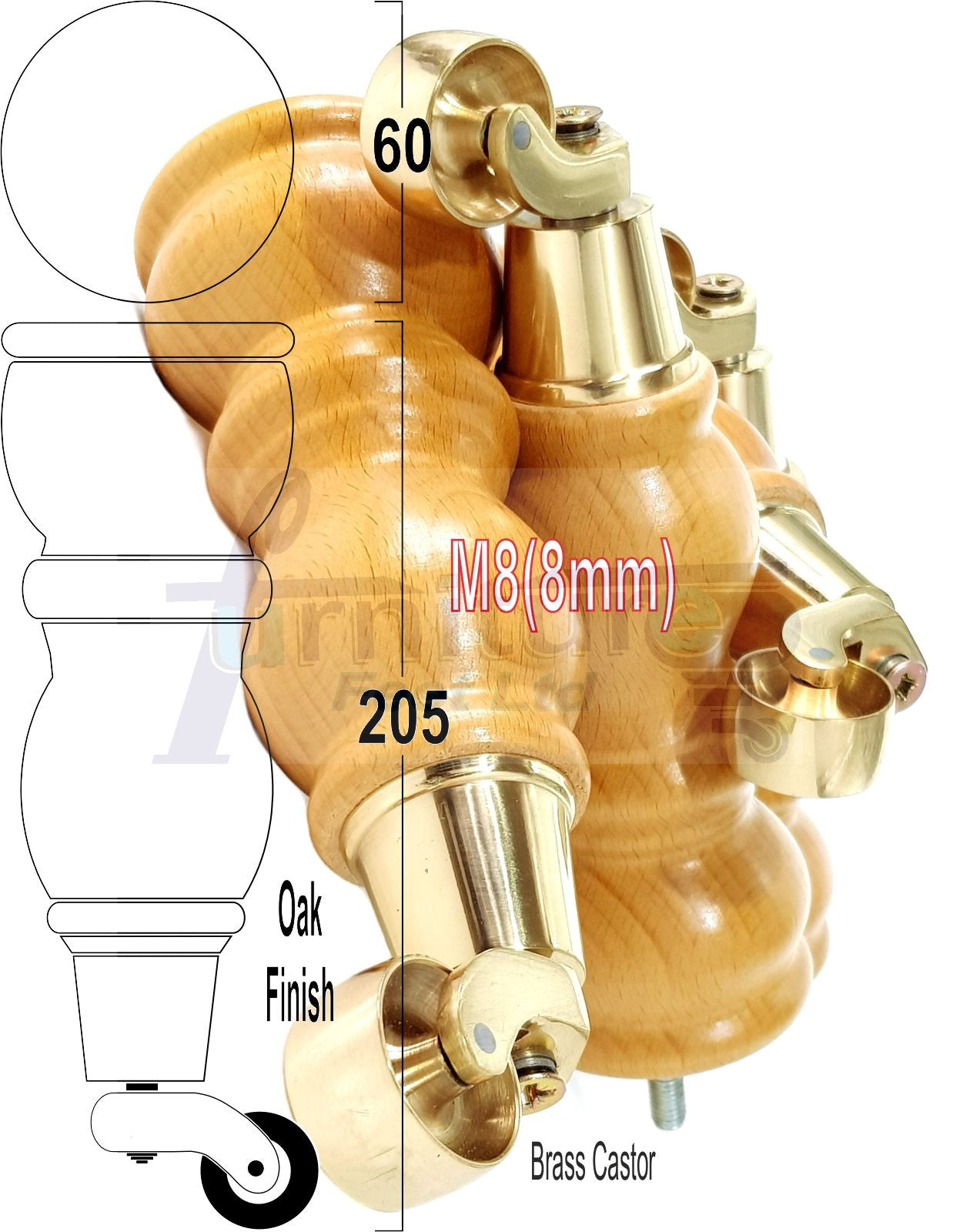 Solid Wood Furniture Feet With Castors Set of 4 Legs 205mm High For Sofas Chairs Stools Cabinets & Beds M8
