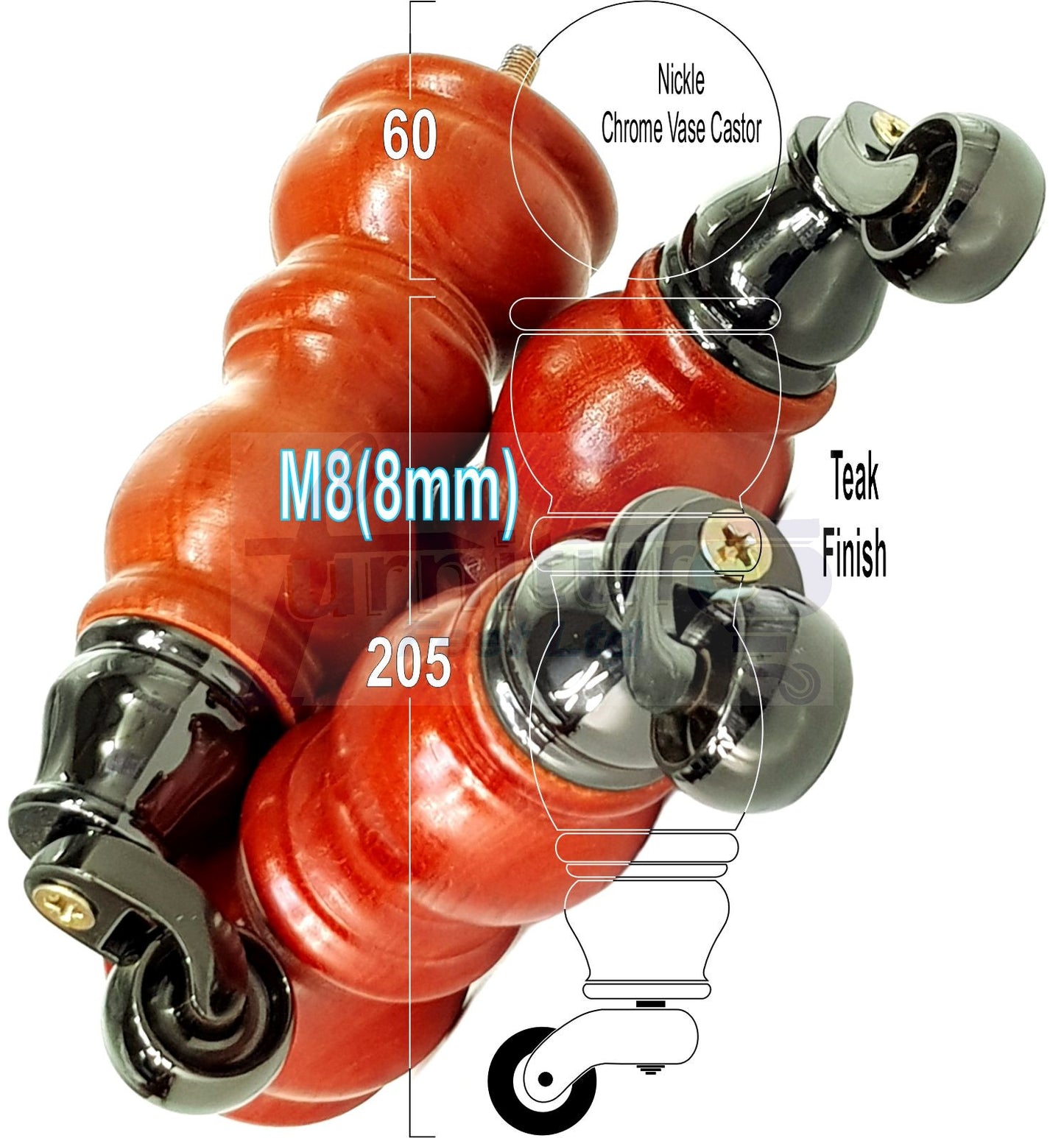 Solid Wood Furniture Feet With Castors Set of 4 Legs 205mm High For Sofas Chairs Stools Cabinets & Beds M8