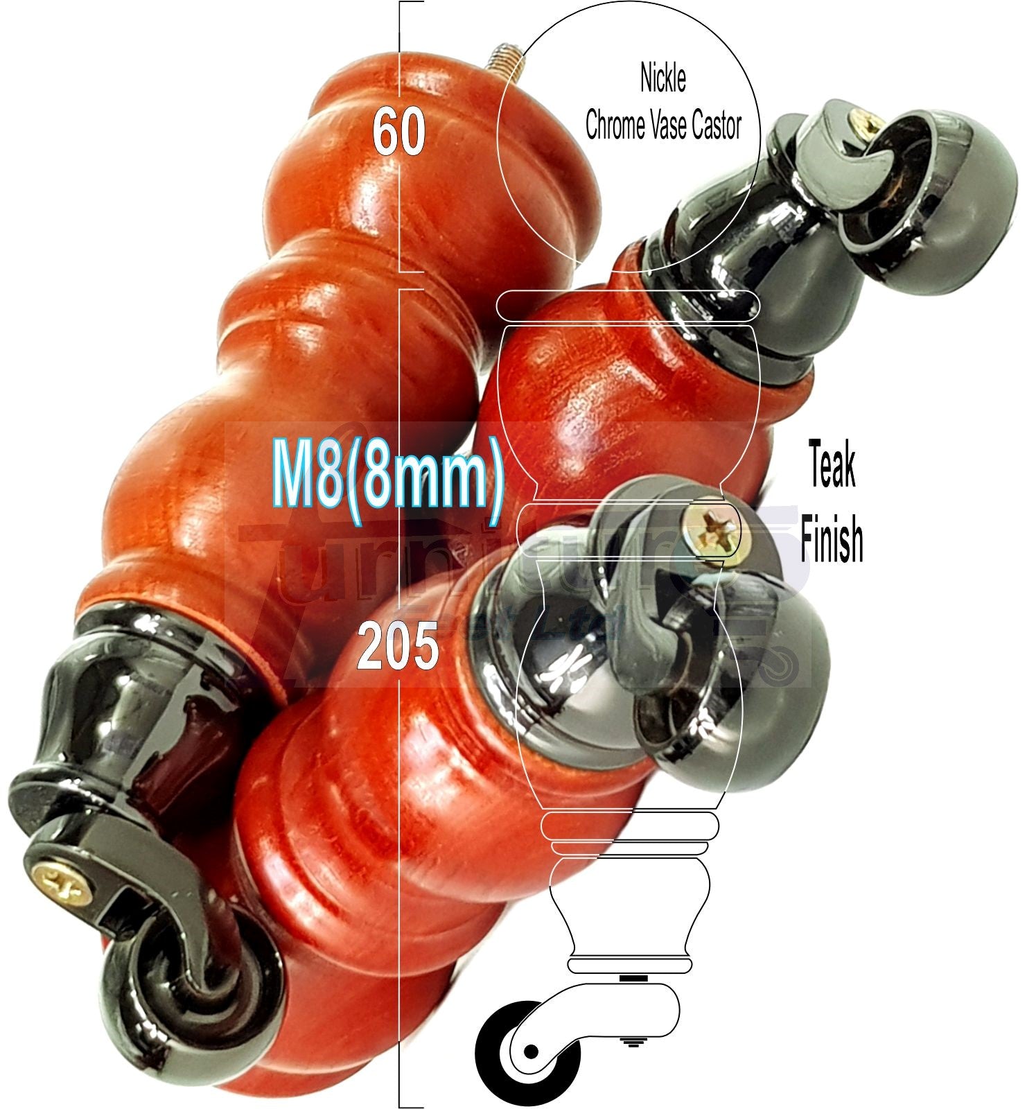 Solid Wood Furniture Feet With Castors Set of 4 Legs 205mm High For Sofas Chairs Stools Cabinets & Beds M8