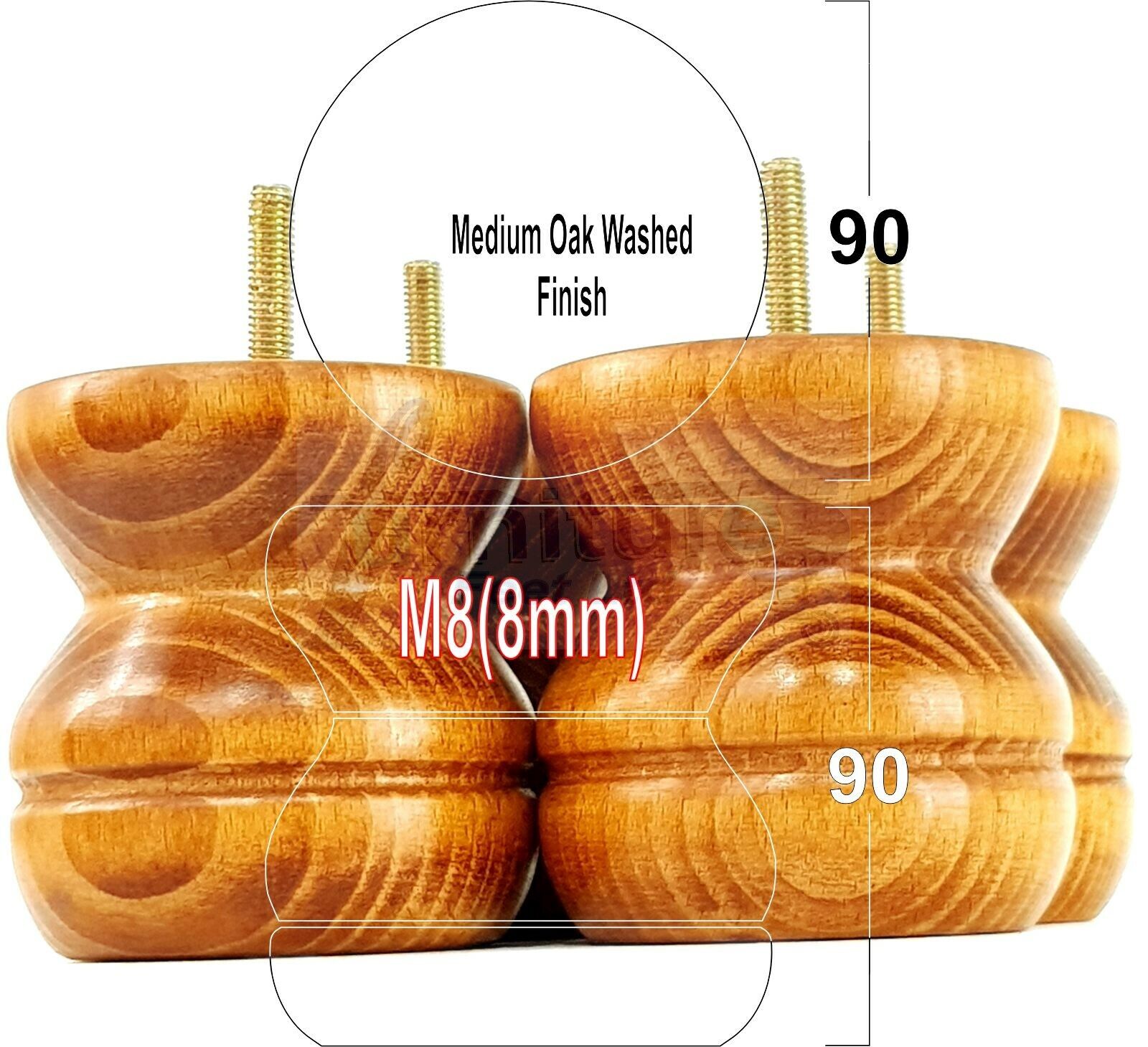 4x Turned Solid Wood Furniture Legs Replacement Bun Feet 90mm High 8mm Thread