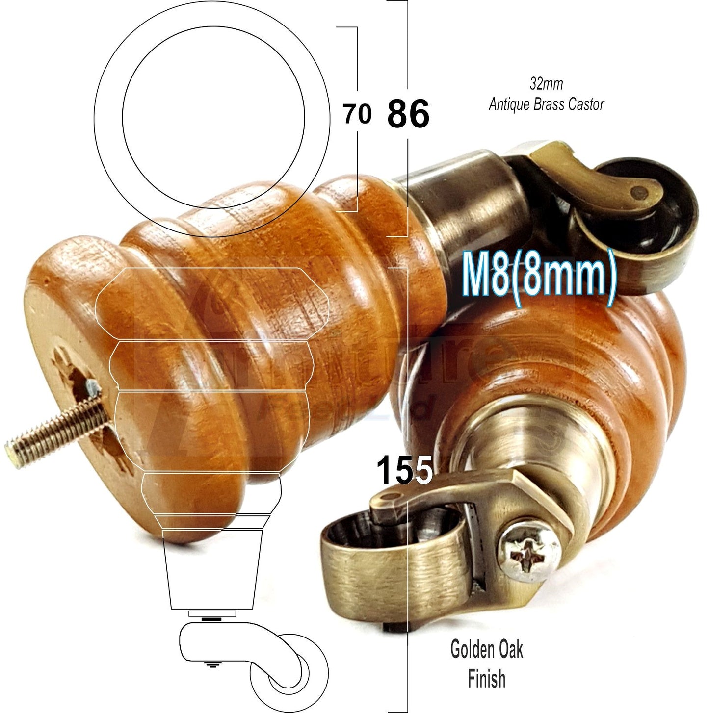 4 Turned Wood Furniture Feet With Antique Brass Castors 155mm Legs Sofas Chairs Stools Cabinets Beds M8 6 Inches