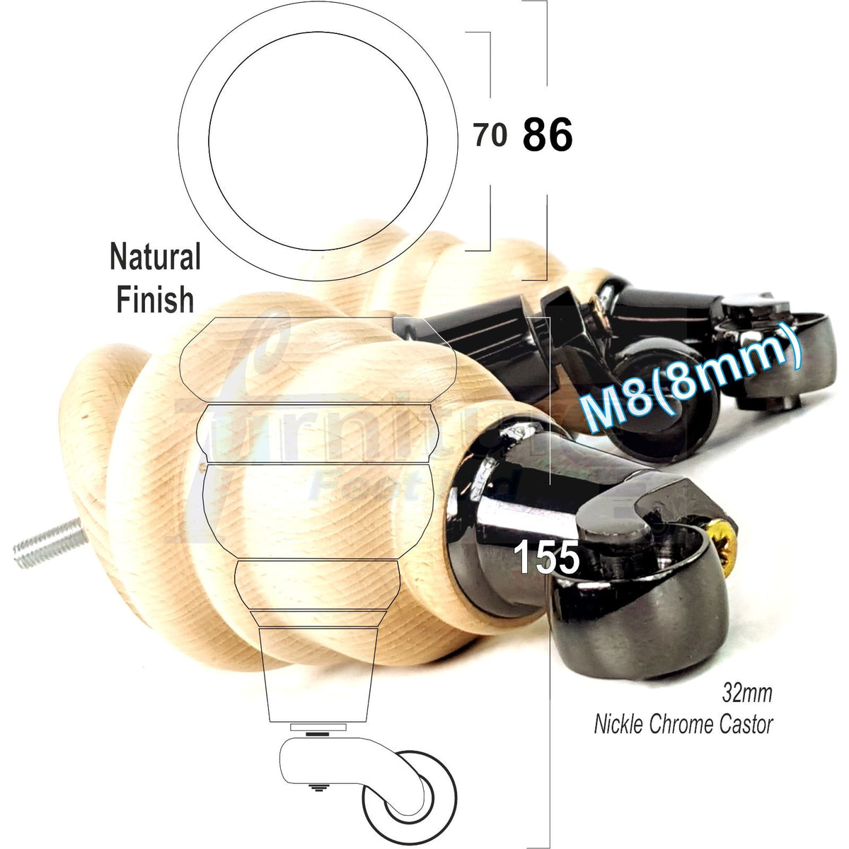 4 Turned Wooden Replacement Furniture Legs with Castors 6 Inch 155mm High Sofa Feet M8 Dowl Fixing - Black Castor