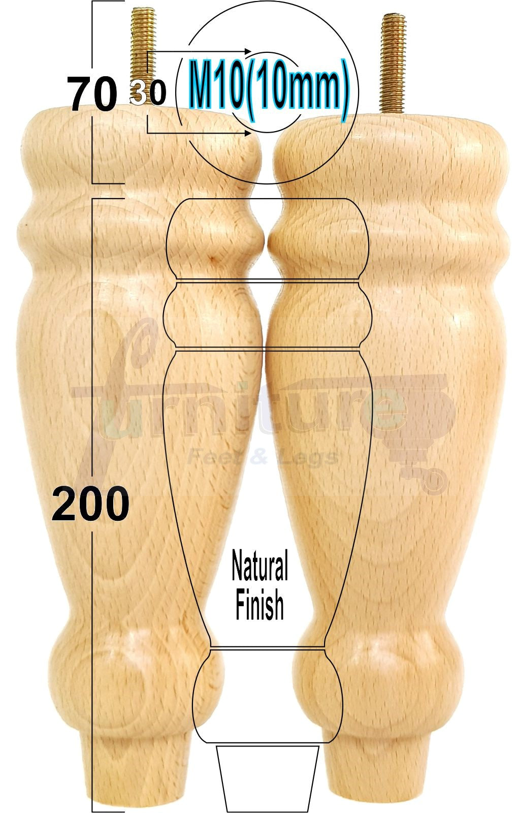 Set Of 4 Turned Furniture Legs Replacement Sofa Feet 200mm Hight M10 Thread