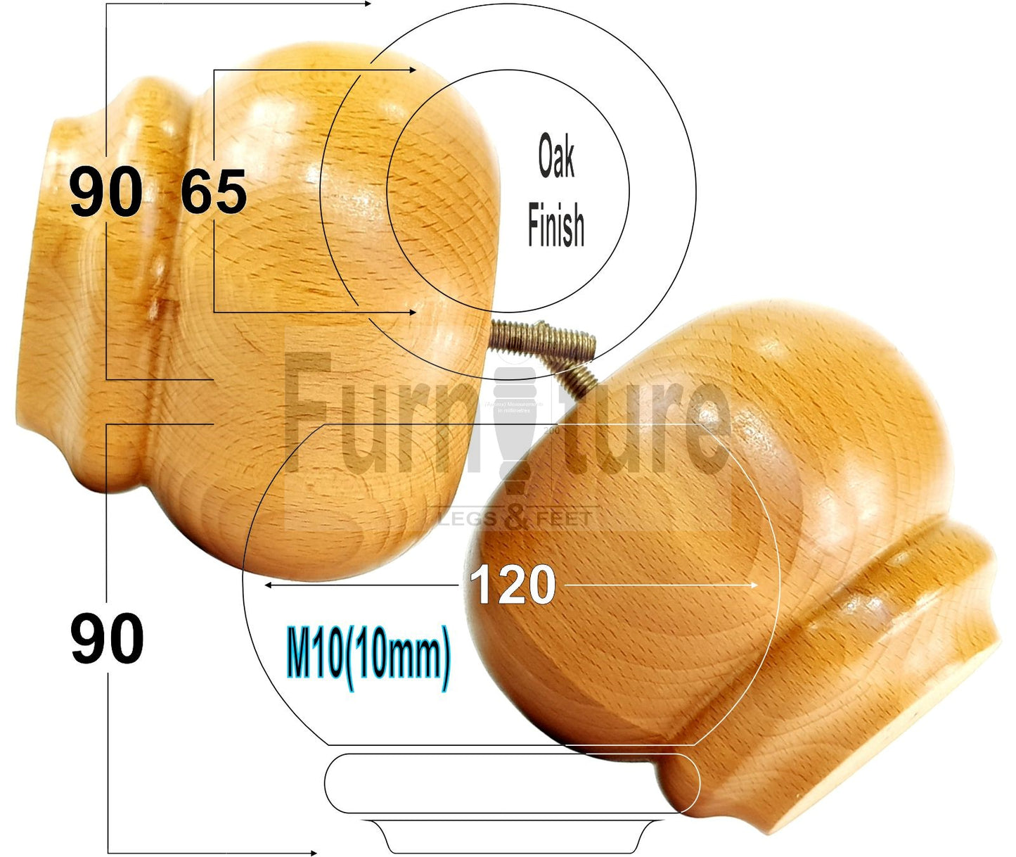  4 Turned Wooden Furniture Legs Replacement Feet 50mm High 10mm Thread For Settees, Chairs