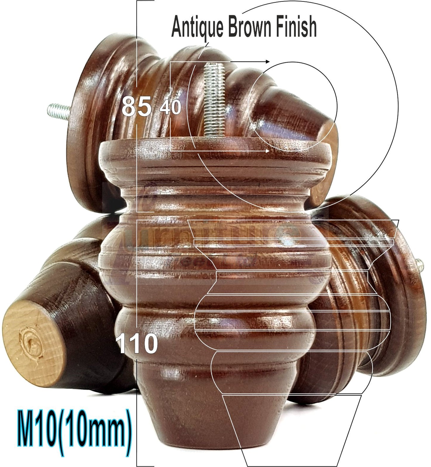 4 Turned Wood Furniture Legs Replacement Feet 110mm High Chairs Stools Sofa's Beds Settee M10 Thread