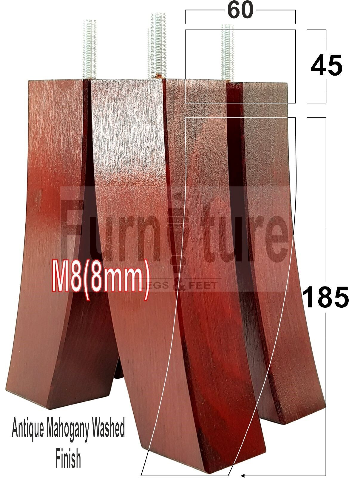 Set Of 4 Solid Wood Curved Furniture Feet Replacement Legs 185mm High M8(8mm)