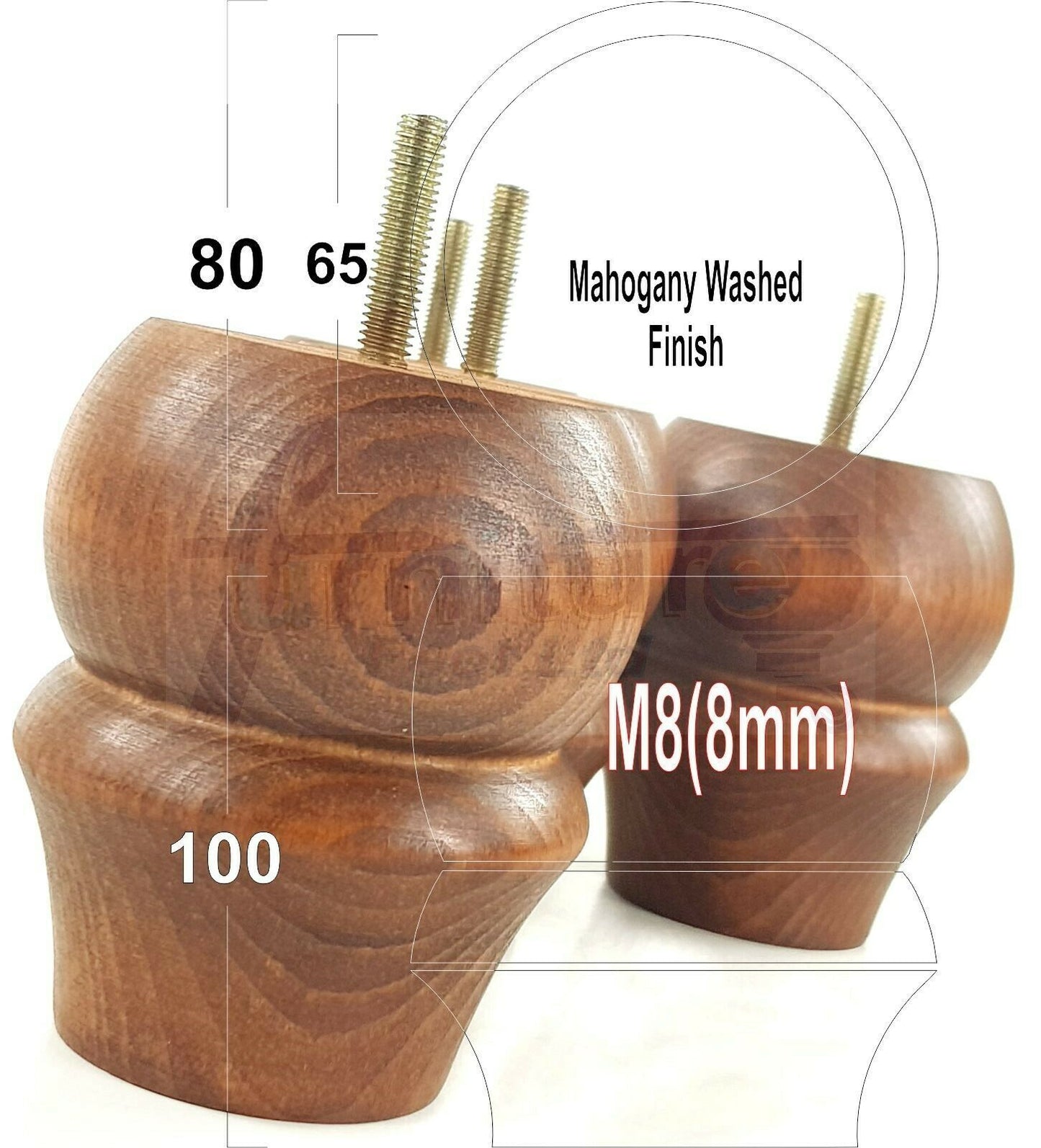 Set Of 4 Solid Wood Turned Furniture Legs Replacement Bun Feet 100mm High 8mm Thread  