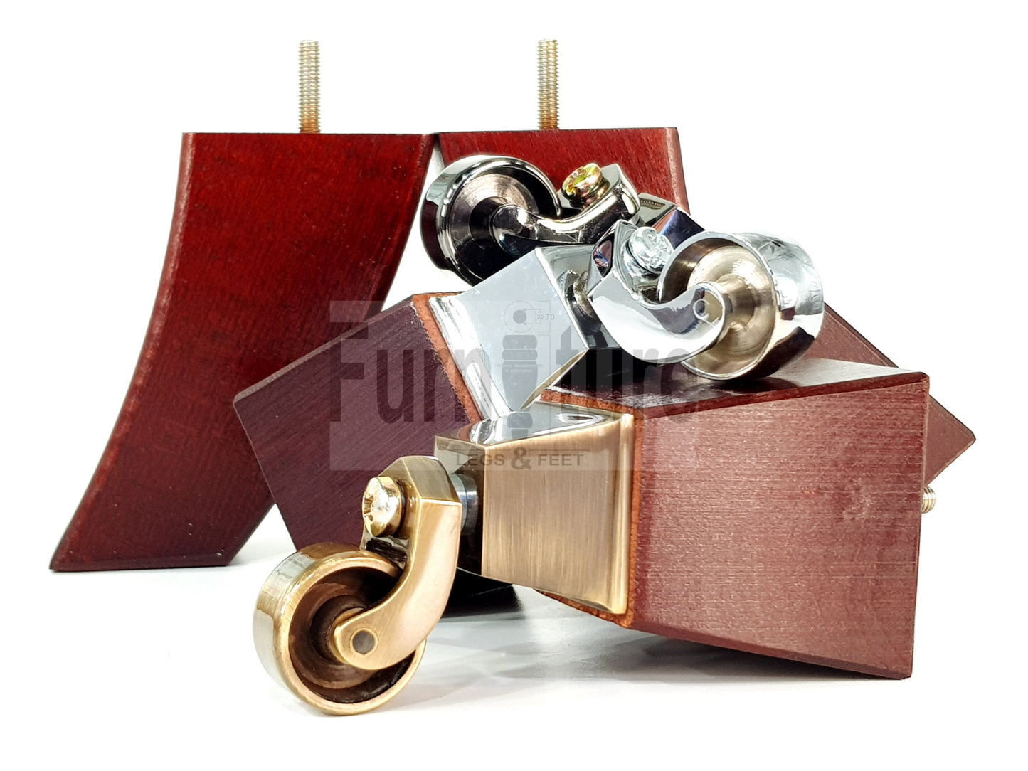 2x Cuved Wood Furniture Legs & 2x Castor Feet 150mm High For Chairs Sofas Settees 8mm Thread