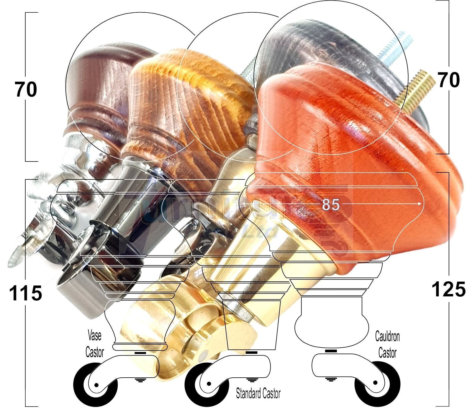 4x Antique Brown Wooden Furniture Sofa Legs M8 With Castors Replacment Chair Settee Feet 115mm - 125mm High