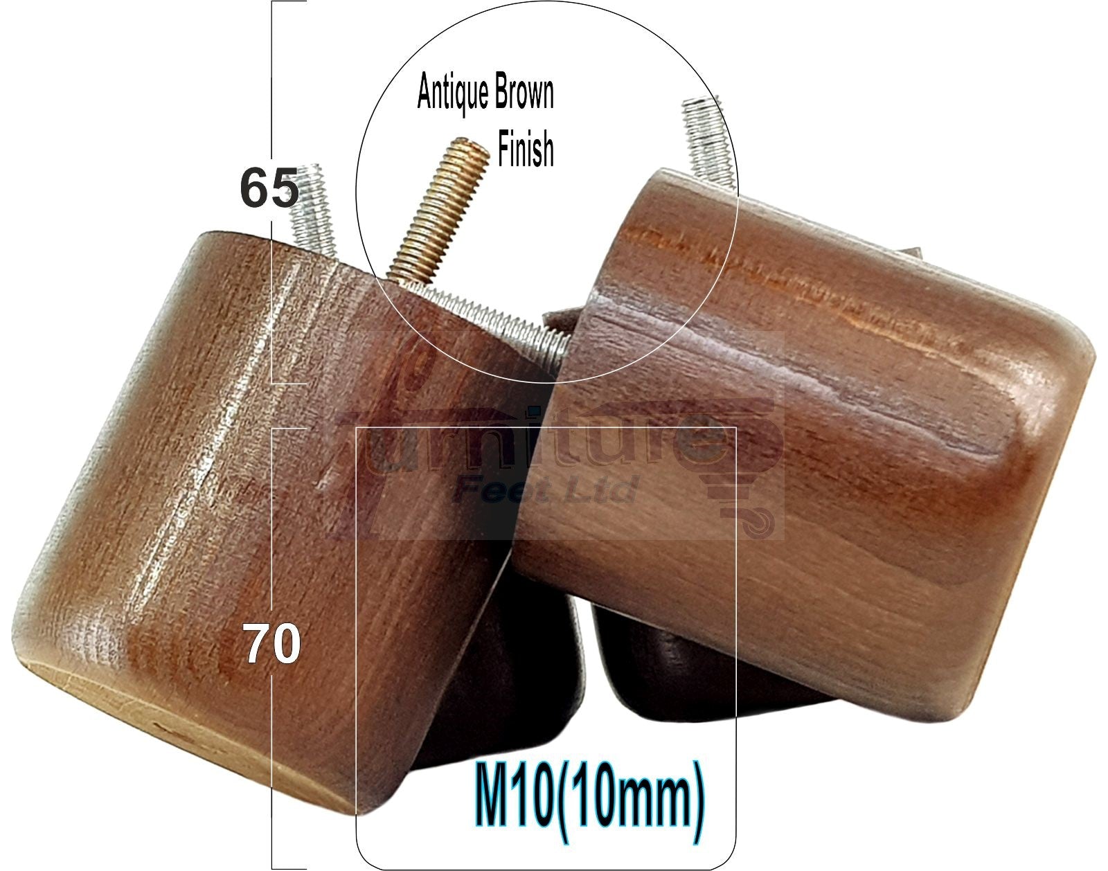 4x Solid Wood Turned Furniture Legs Replacement Bun Feet 70mm High 10mm Thread